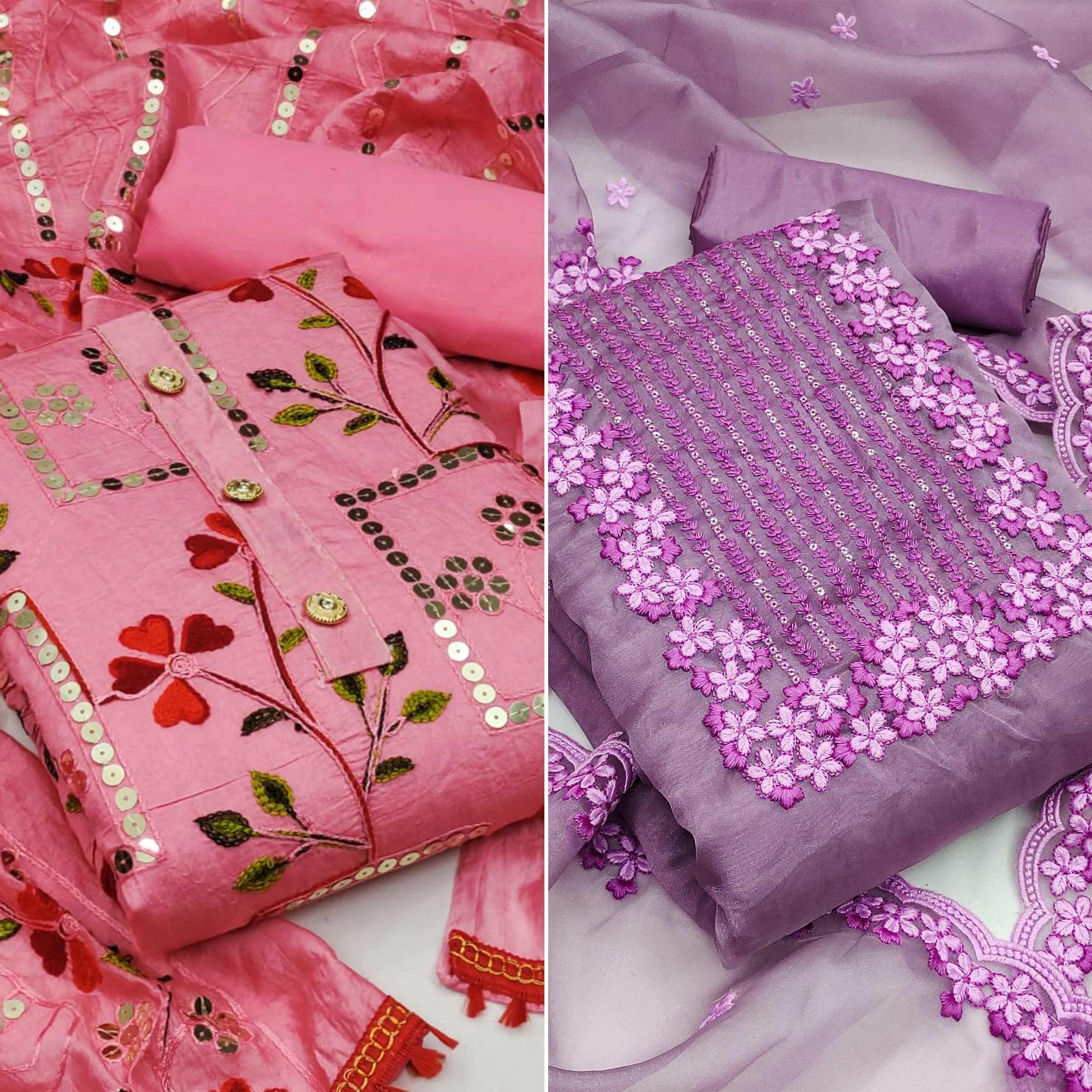 Pink And Purple Dress Material Pack of 2 - Peachmode