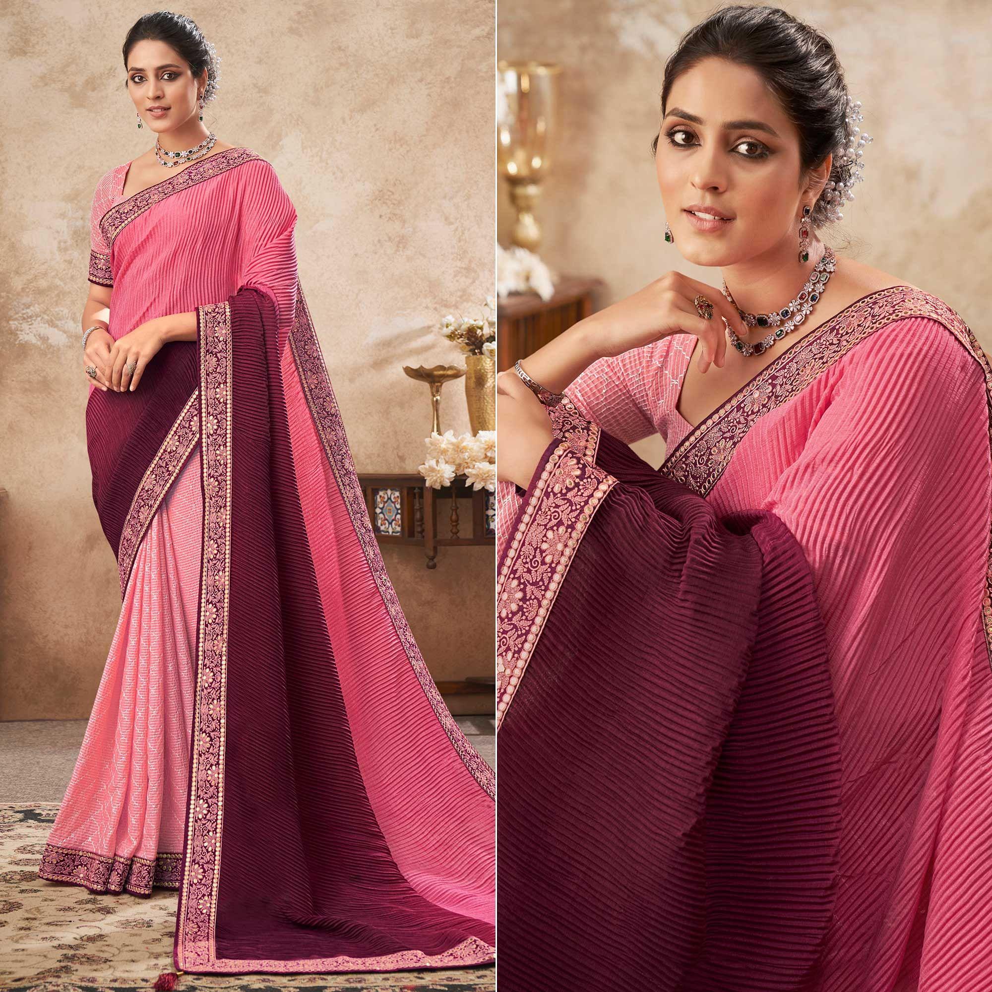 Pink & Purple Sequence Embroidered Chiffon Half & Half Saree - Peachmode