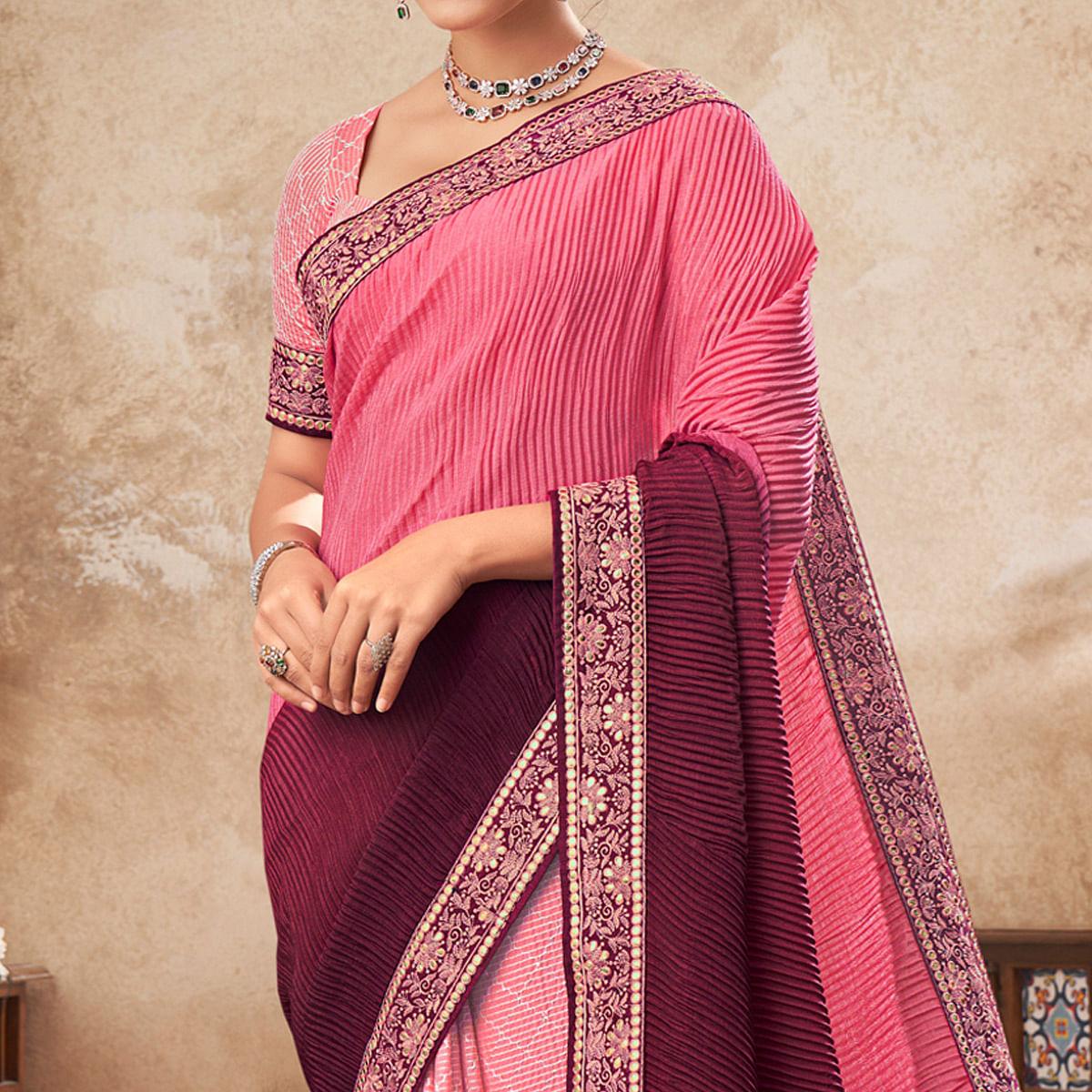 Pink & Purple Sequence Embroidered Chiffon Half & Half Saree - Peachmode