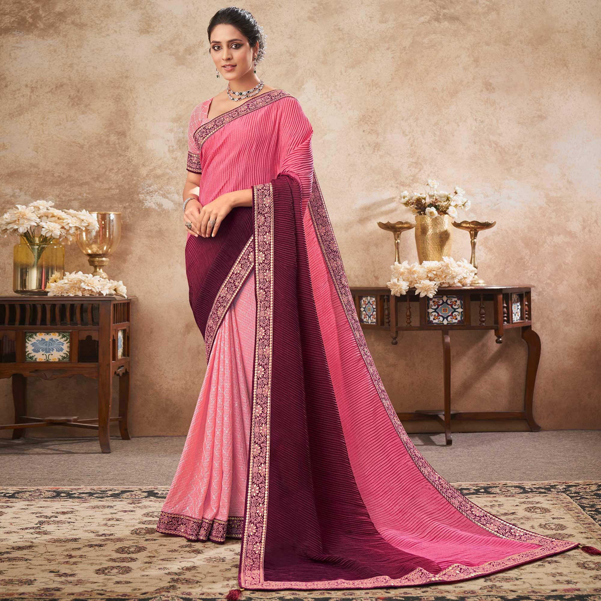 Pink & Purple Sequence Embroidered Chiffon Half & Half Saree - Peachmode