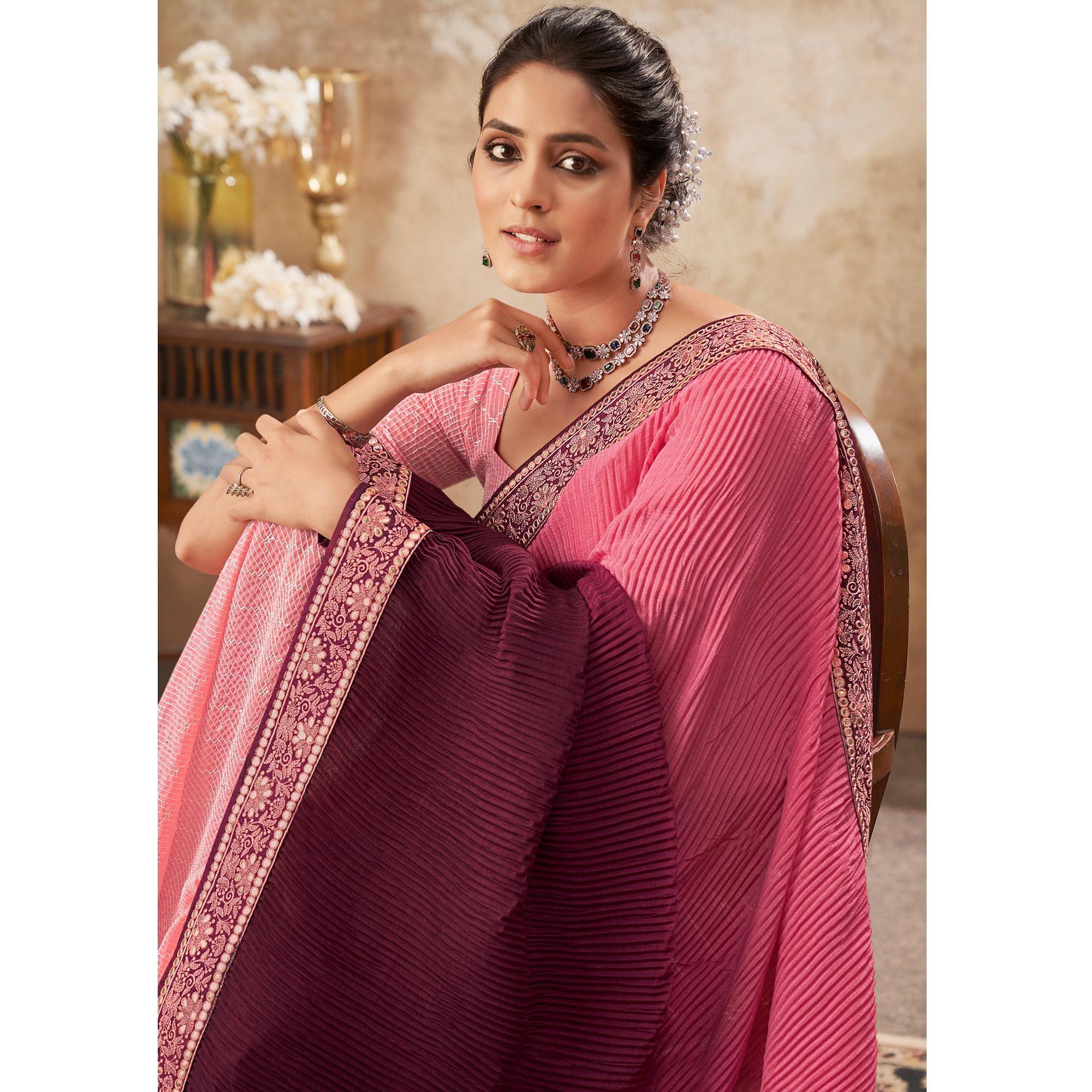 Pink & Purple Sequence Embroidered Chiffon Half & Half Saree - Peachmode