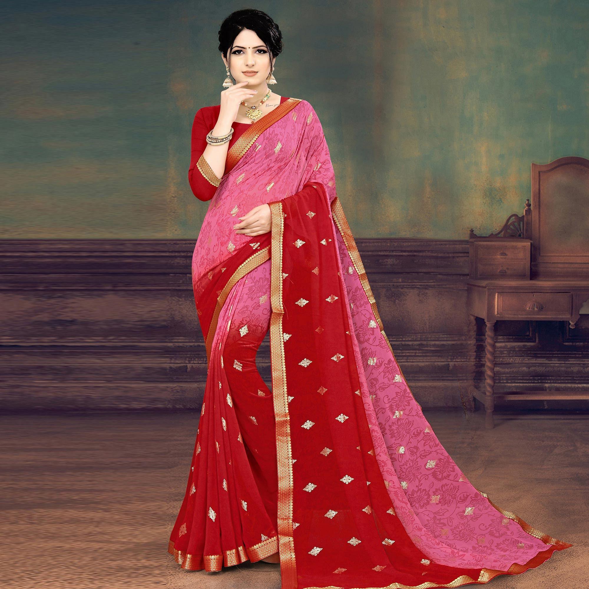 Pink And Red Casual Wear Printed Half Half Georgette Designer Saree - Peachmode