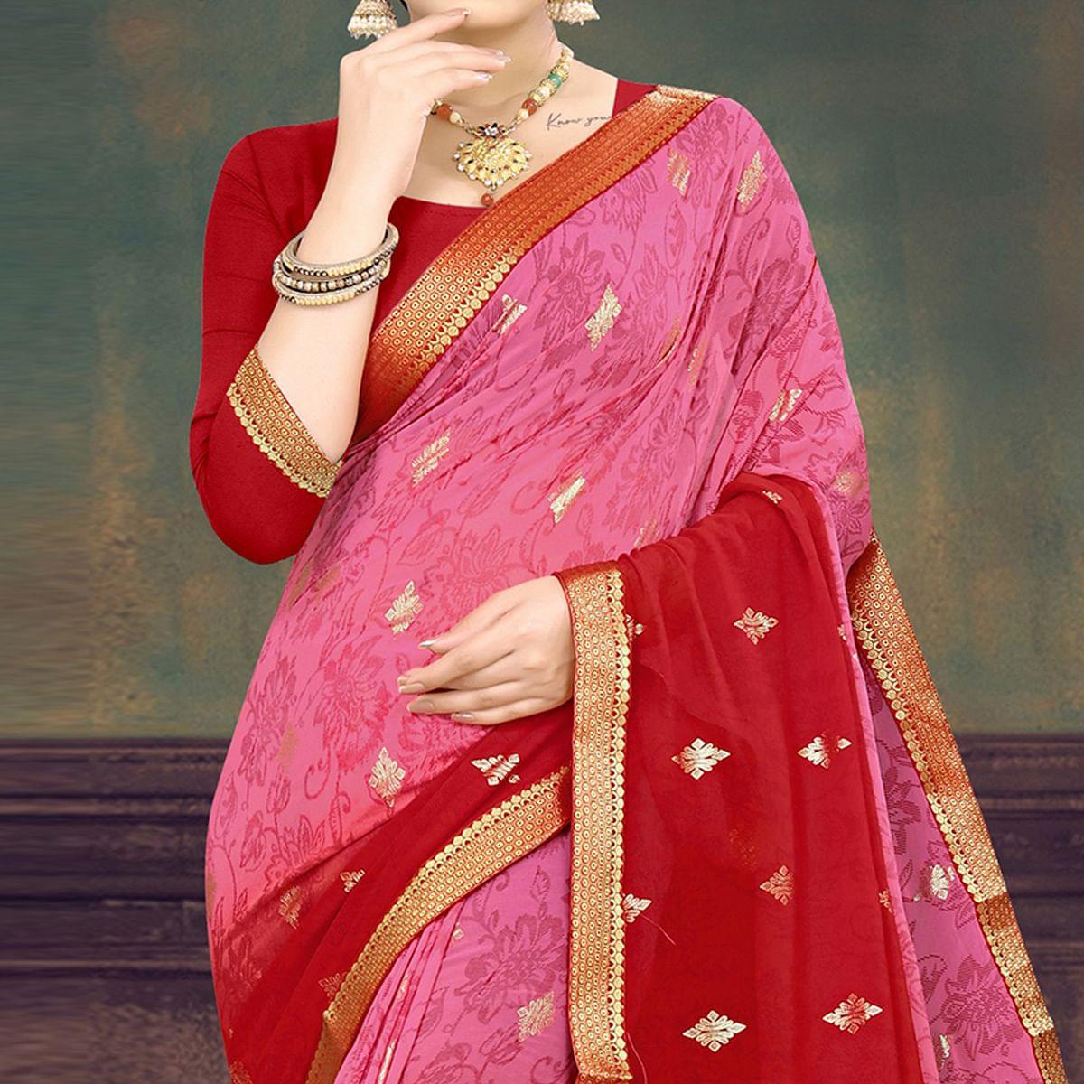 Pink And Red Casual Wear Printed Half Half Georgette Designer Saree - Peachmode