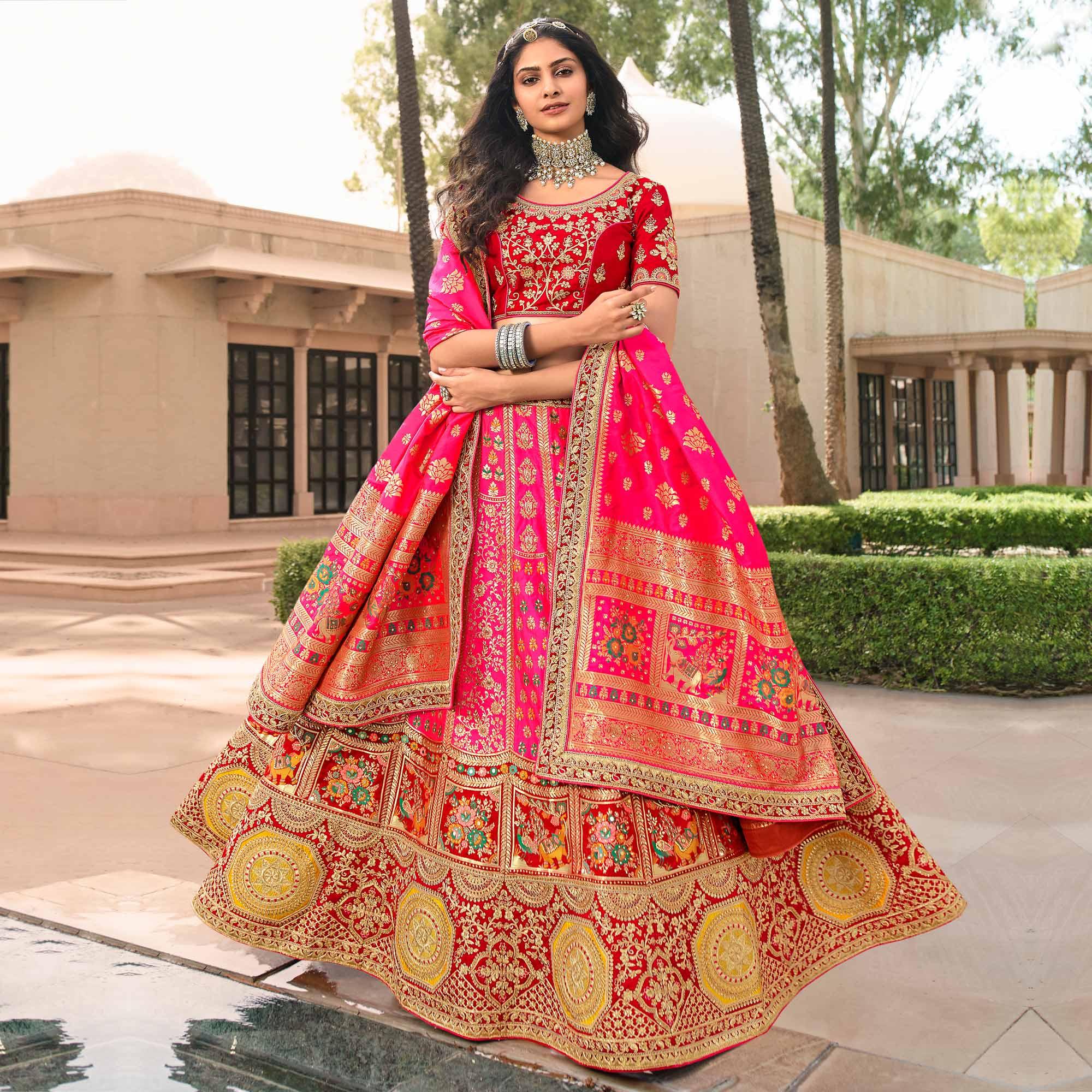 Pink & Red Wedding Wear Floral Embroidered With Woven Banarasi Silk Lehenga Choli - Peachmode