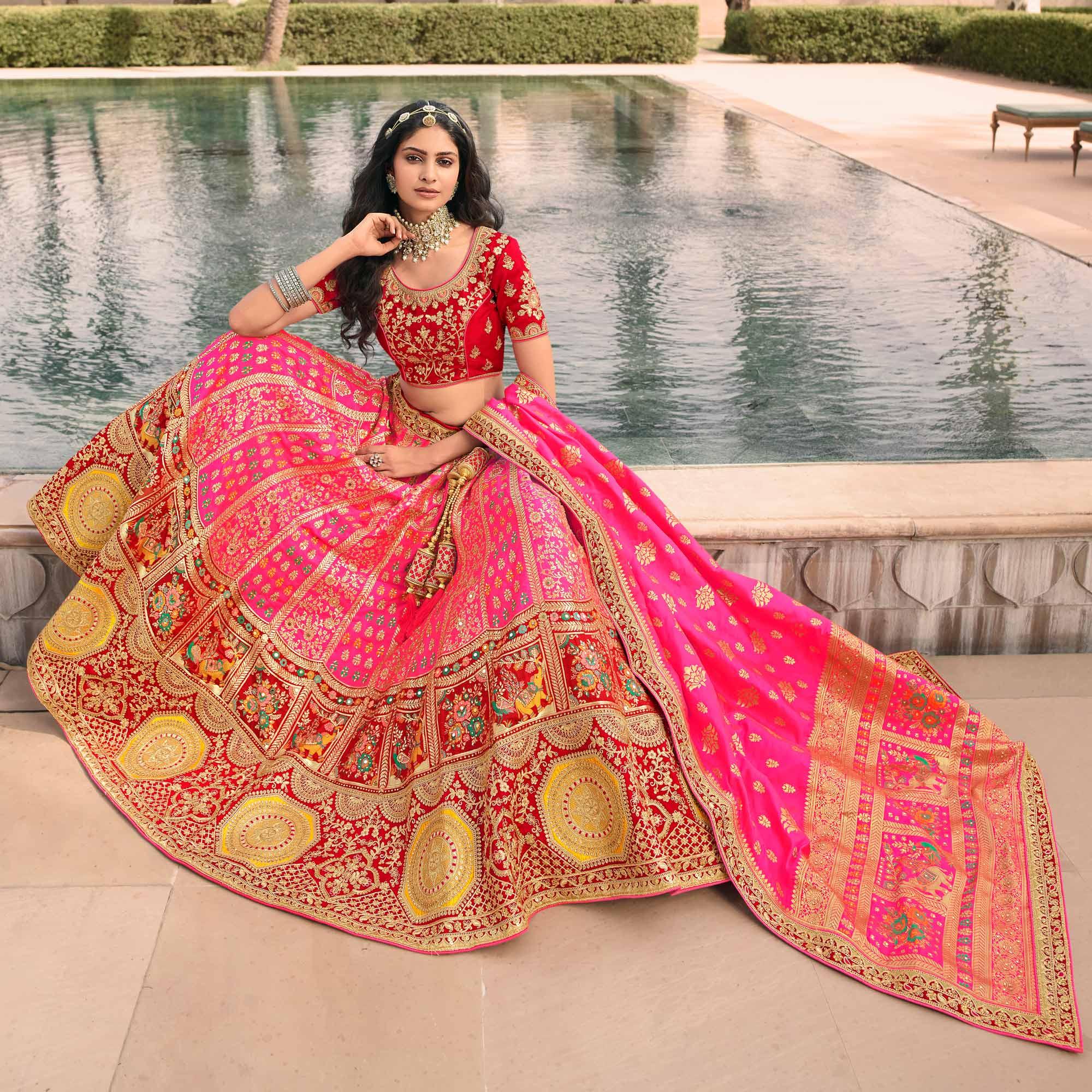 Pink & Red Wedding Wear Floral Embroidered With Woven Banarasi Silk Lehenga Choli - Peachmode