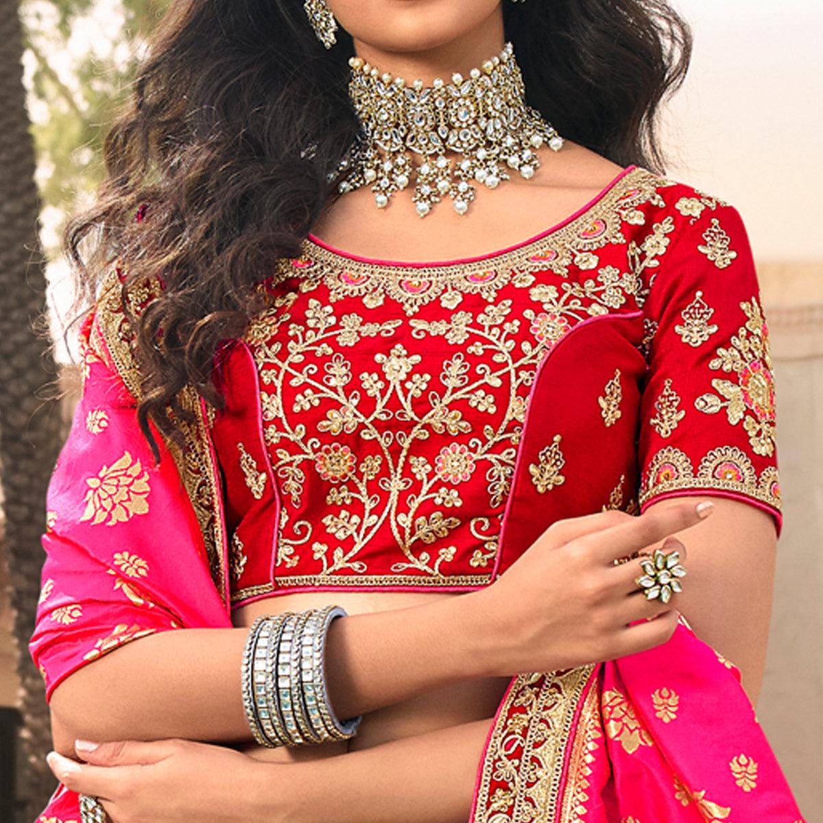 Pink & Red Wedding Wear Floral Embroidered With Woven Banarasi Silk Lehenga Choli - Peachmode