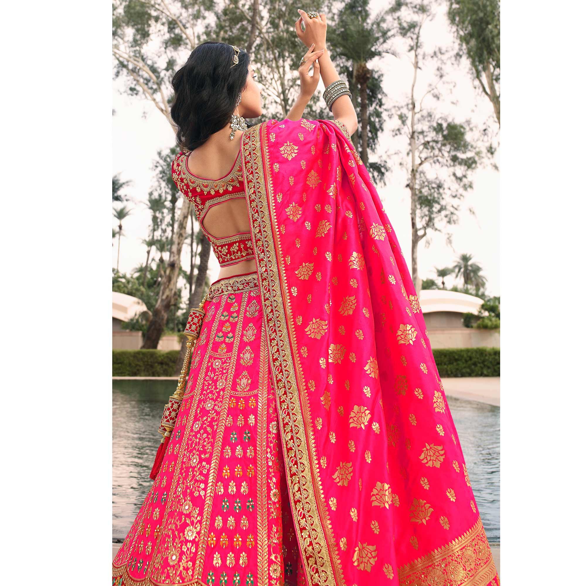 Pink & Red Wedding Wear Floral Embroidered With Woven Banarasi Silk Lehenga Choli - Peachmode