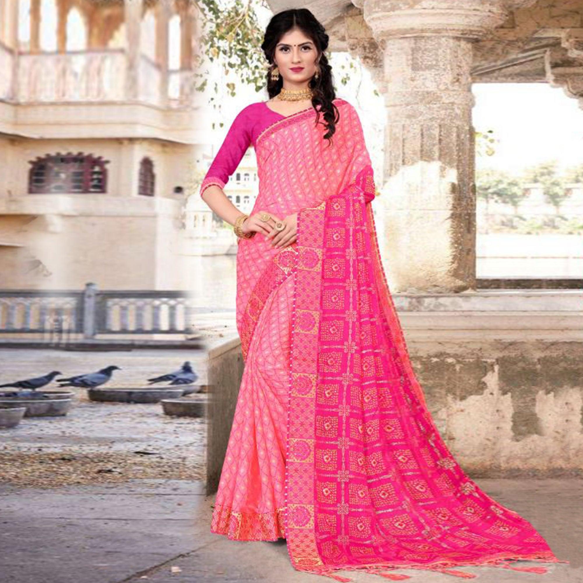 Pink & Rose Pink Festive Wear Bandhani Printed Chiffon Saree With Diamond Border - Peachmode