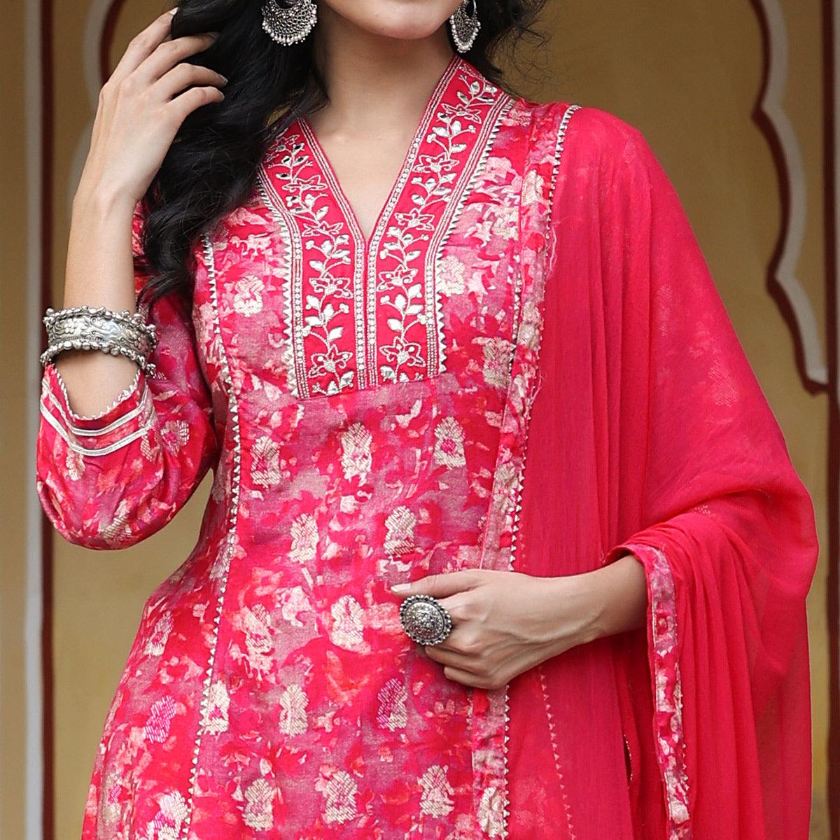 Pink & White Floral Printed Muslin Salwar Suit - Peachmode