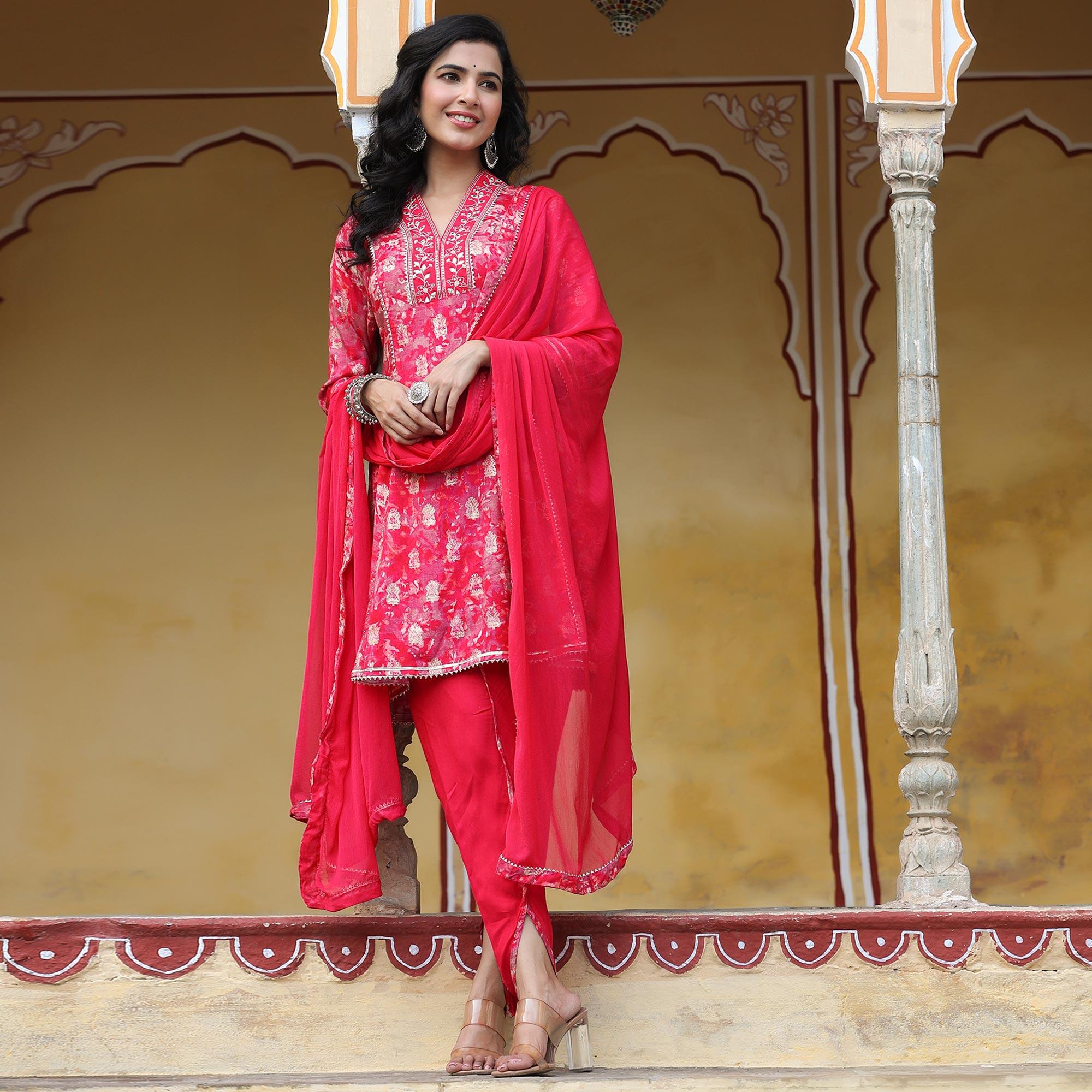 Pink & White Floral Printed Muslin Salwar Suit - Peachmode