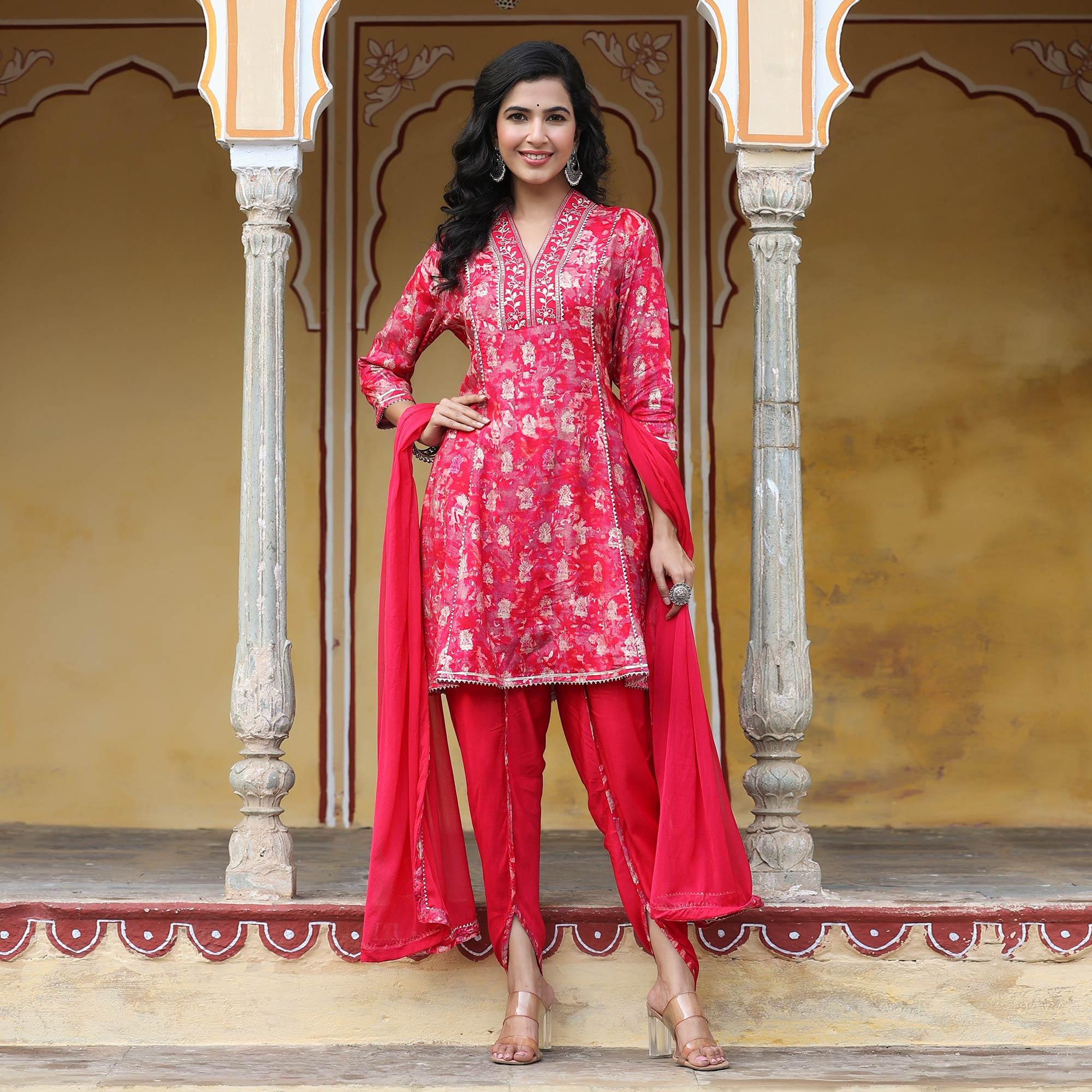 Pink & White Floral Printed Muslin Salwar Suit - Peachmode