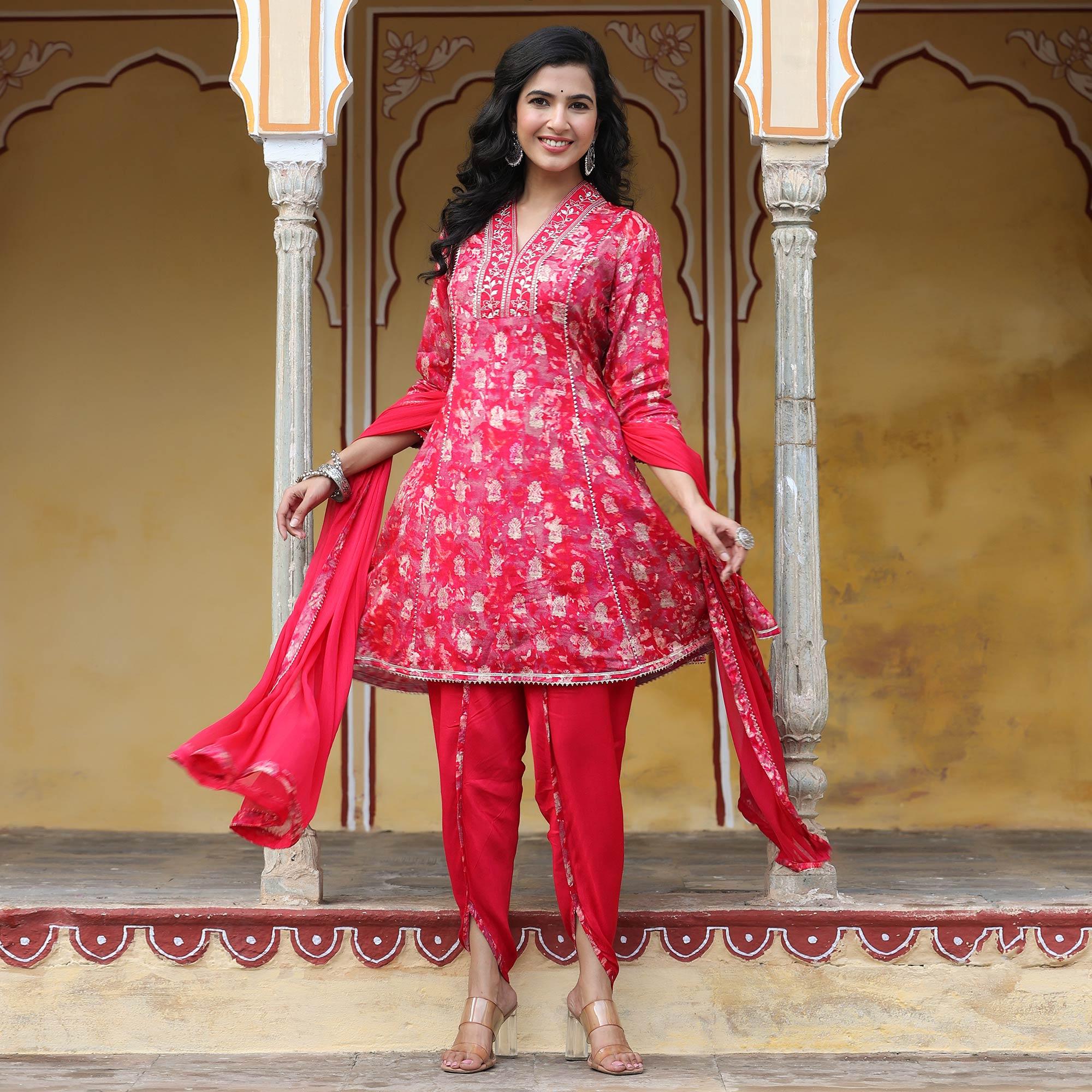 Pink & White Floral Printed Muslin Salwar Suit - Peachmode