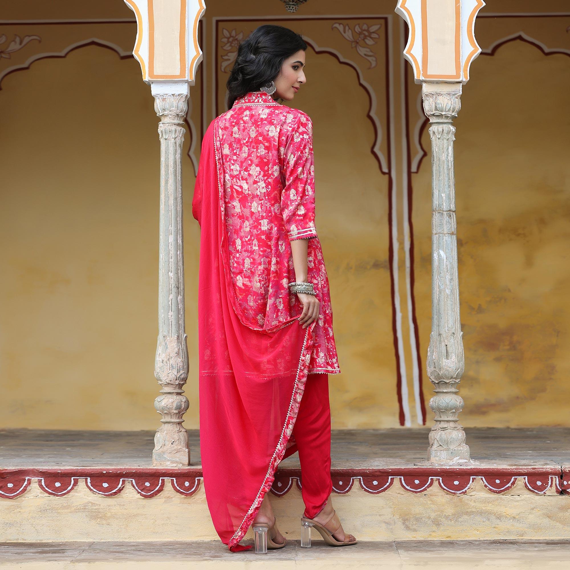 Pink & White Floral Printed Muslin Salwar Suit - Peachmode