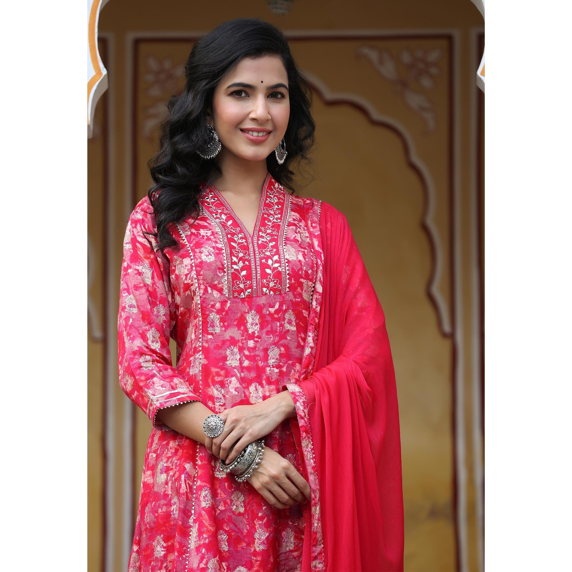 Pink & White Floral Printed Muslin Salwar Suit - Peachmode