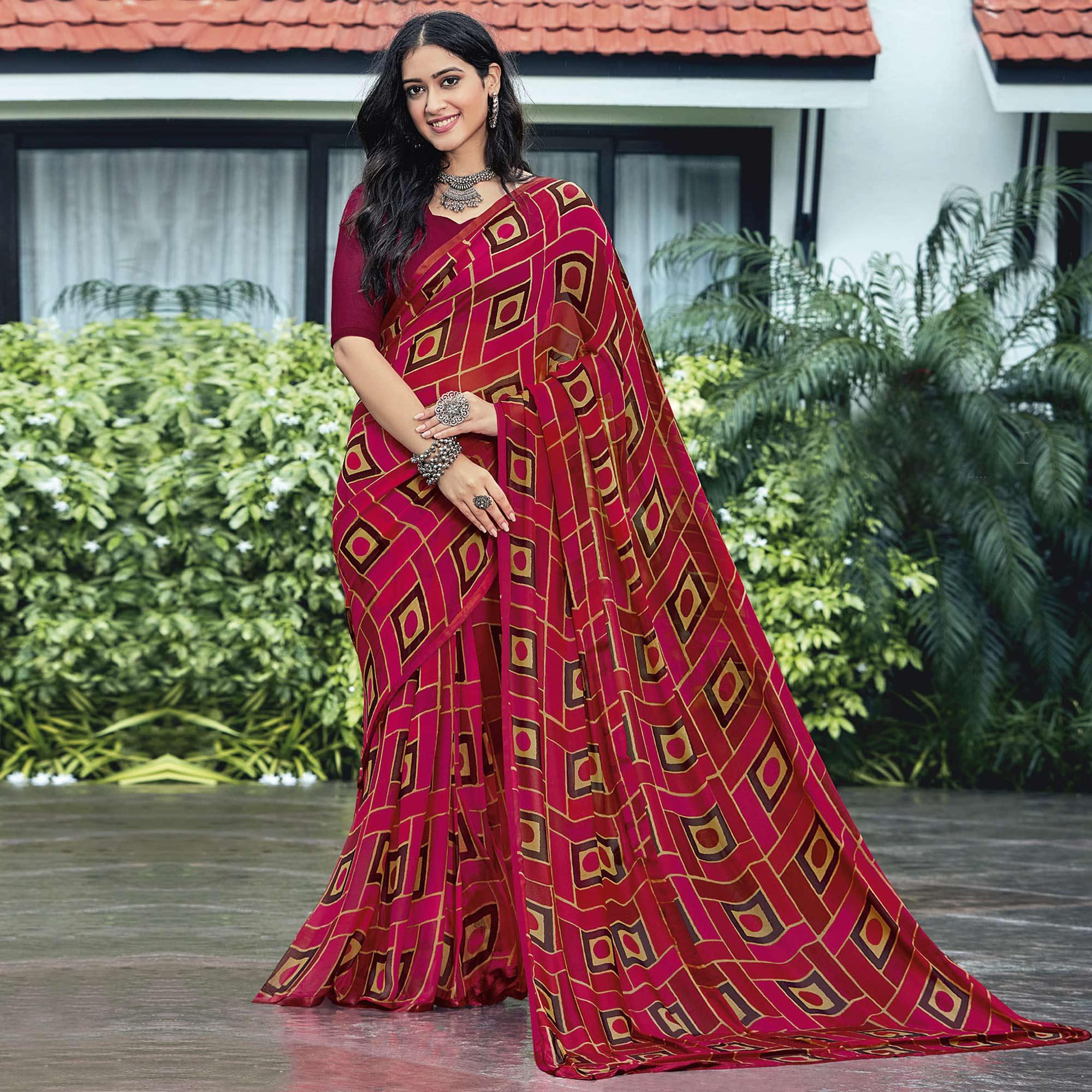 Pink & Wine Casual Wear Printed Georgette Saree - Peachmode