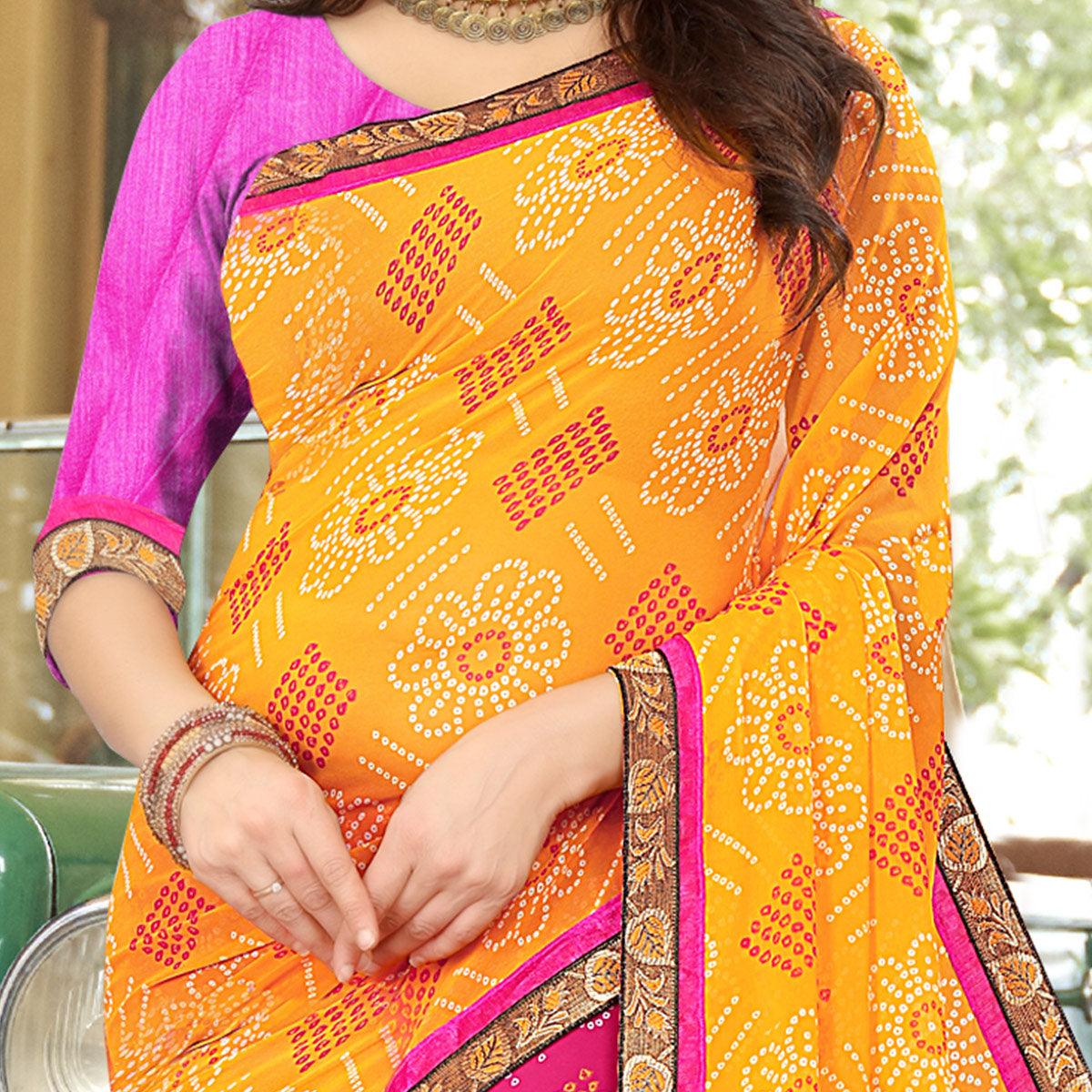 Pink & Yellow Casual Wear Half & Half Floral Printed Soft Georgette Saree - Peachmode