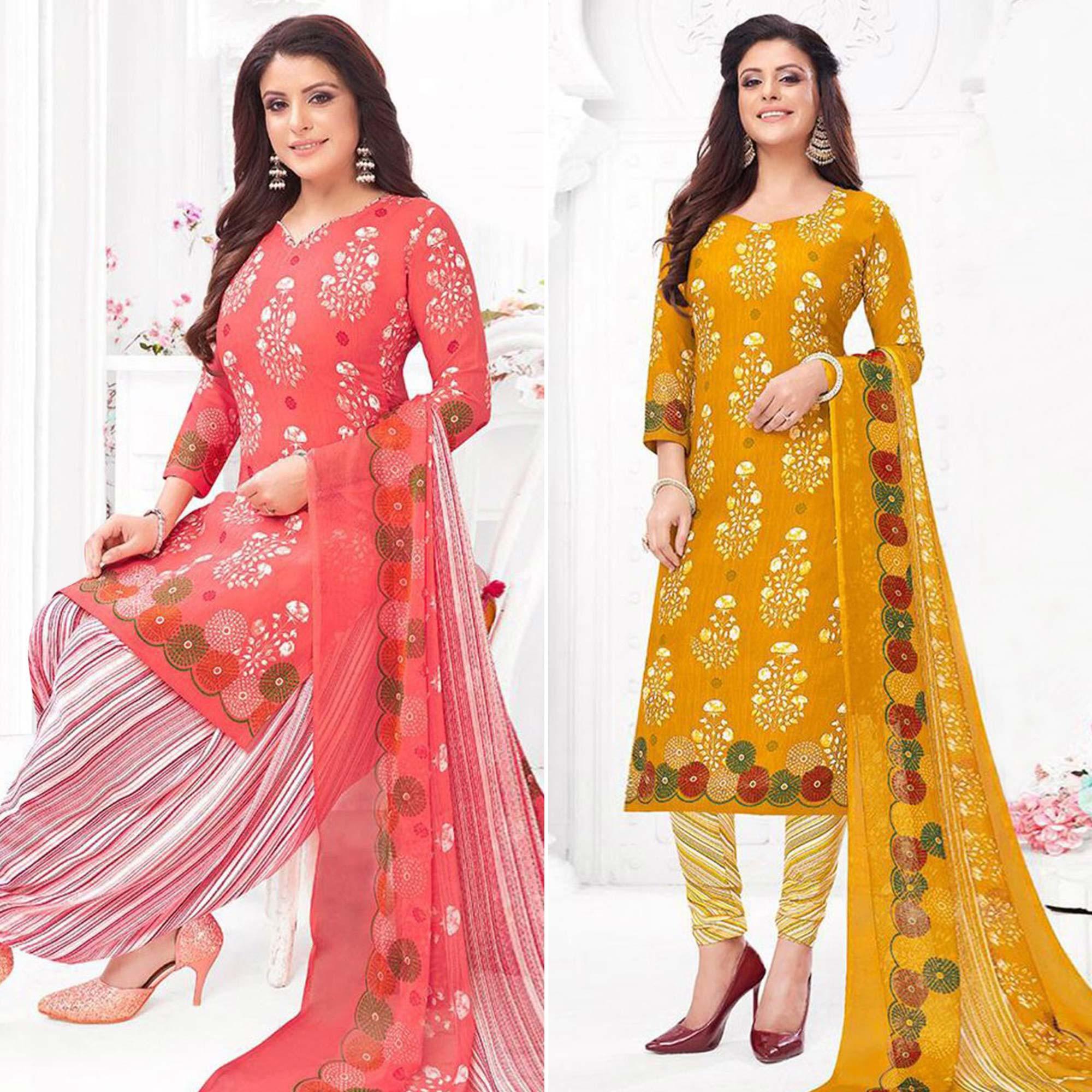 Pink And Yellow Crepe Dress Material Pack Of 2 - Peachmode