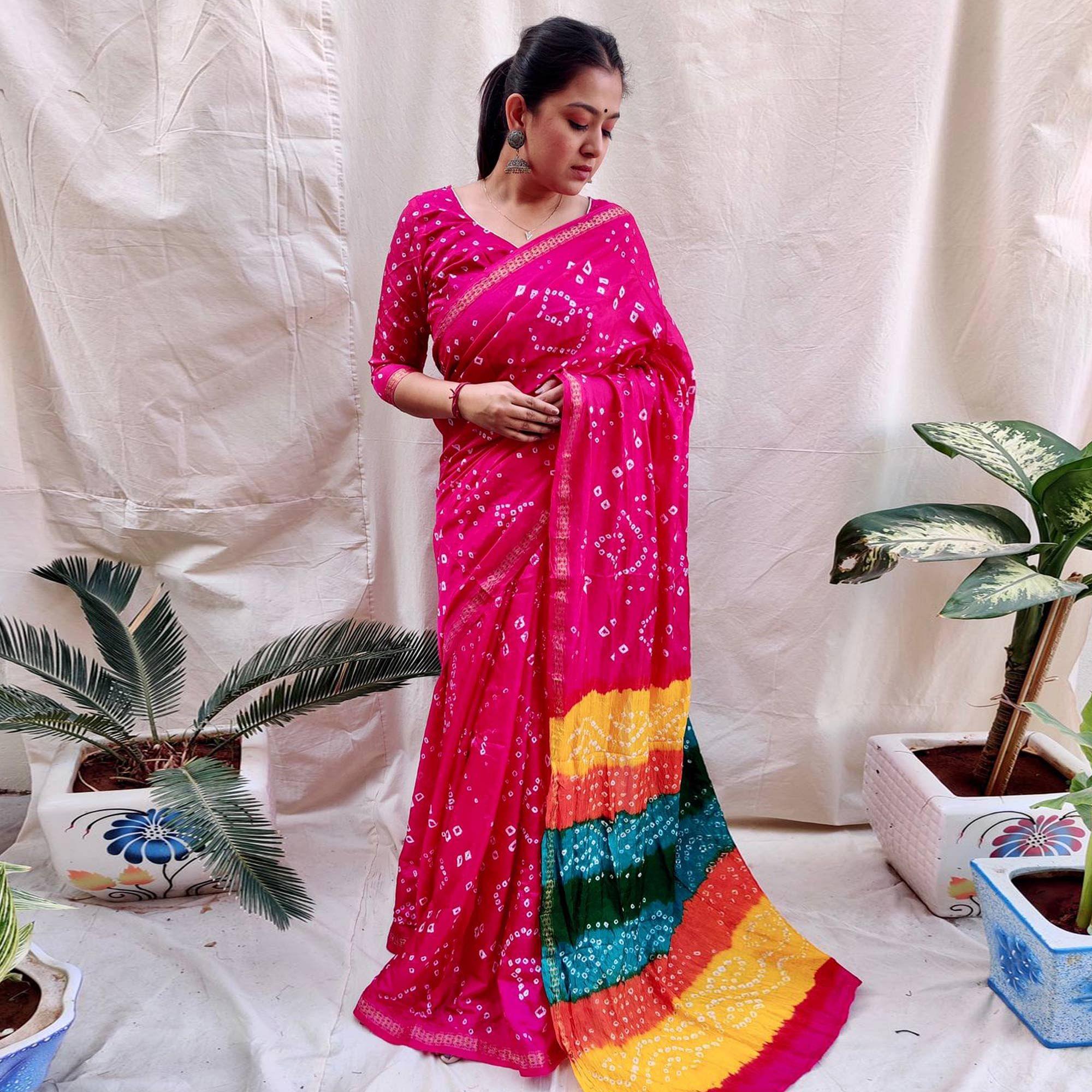 Pink Bandhani Printed Art Silk Saree - Peachmode