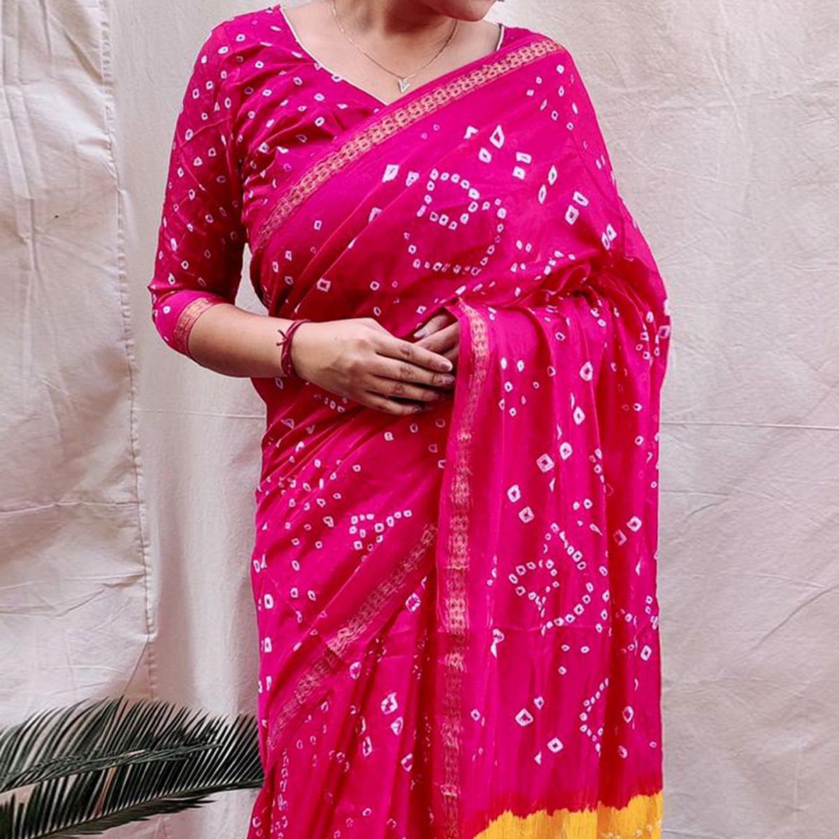 Pink Bandhani Printed Art Silk Saree - Peachmode