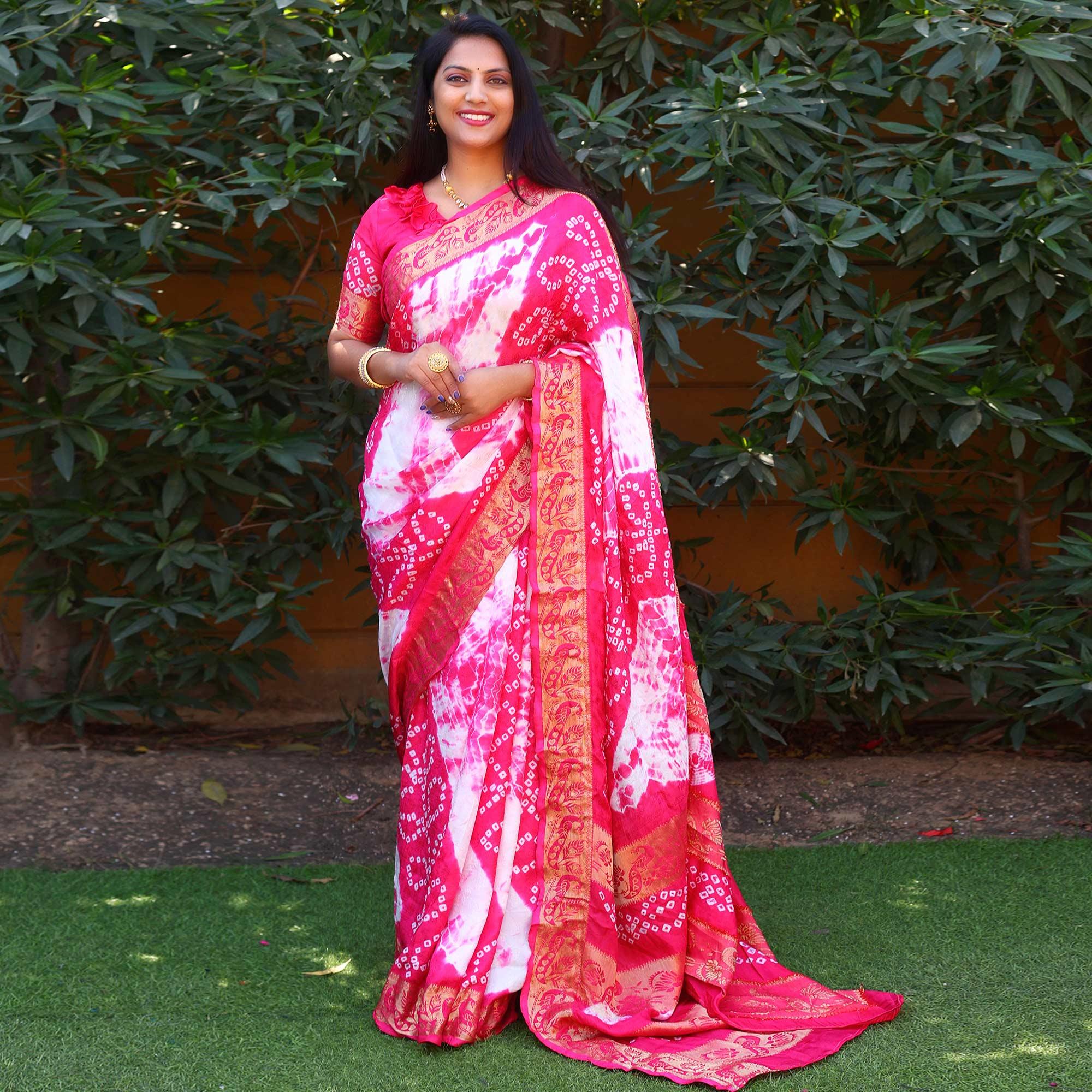 Pink Bandhani Printed Art Silk Saree - Peachmode