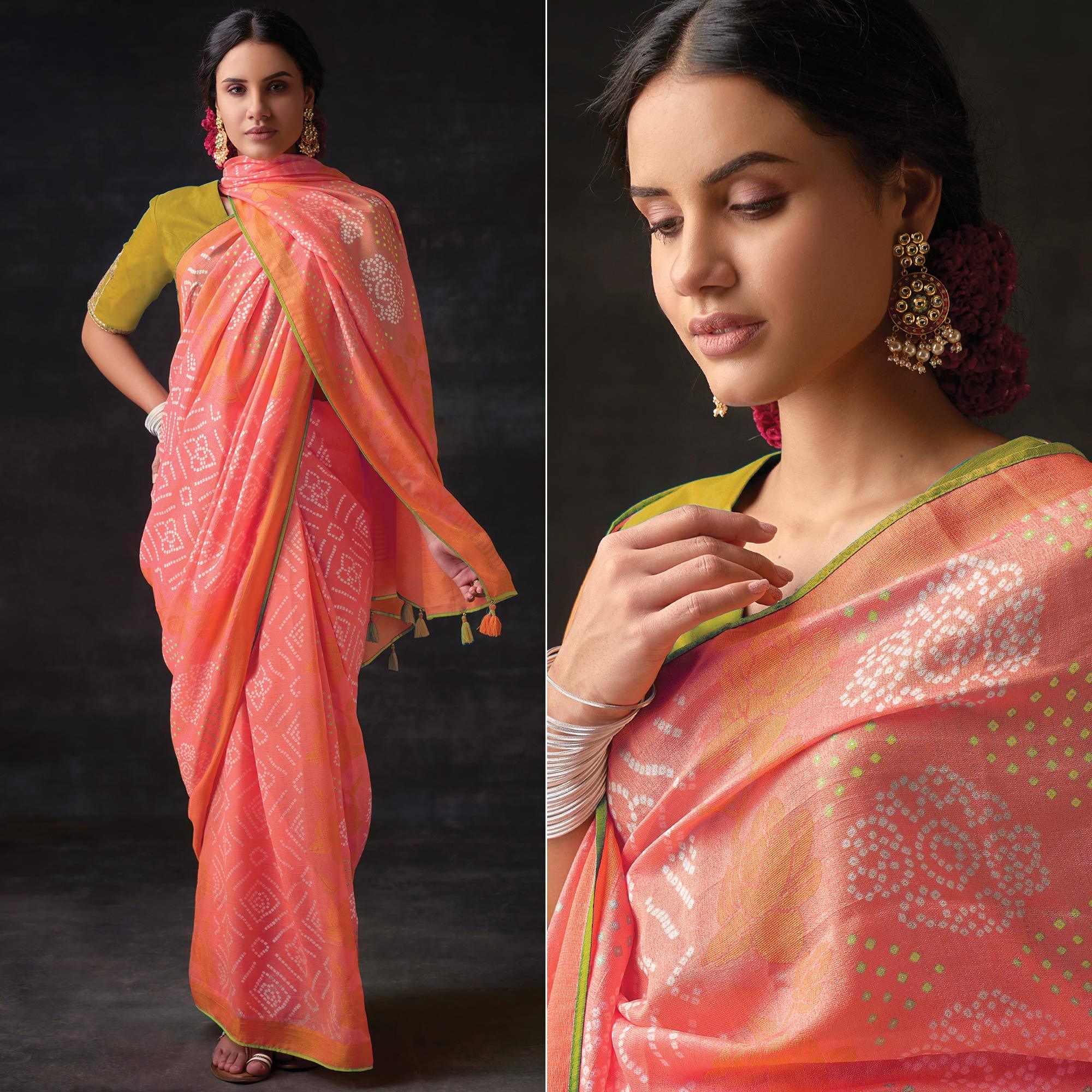 Pink Bandhani Printed Brasso Saree - Peachmode