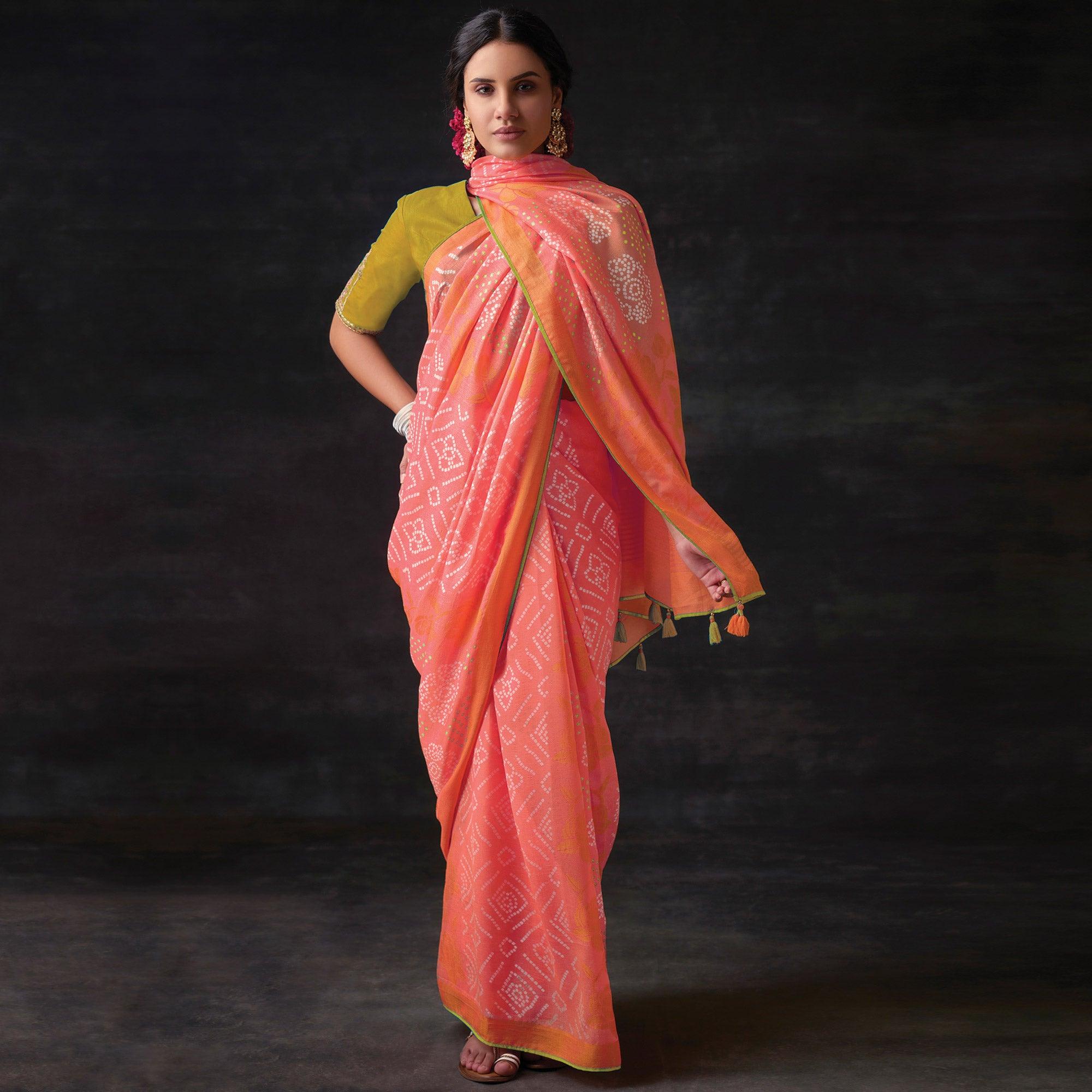 Pink Bandhani Printed Brasso Saree - Peachmode