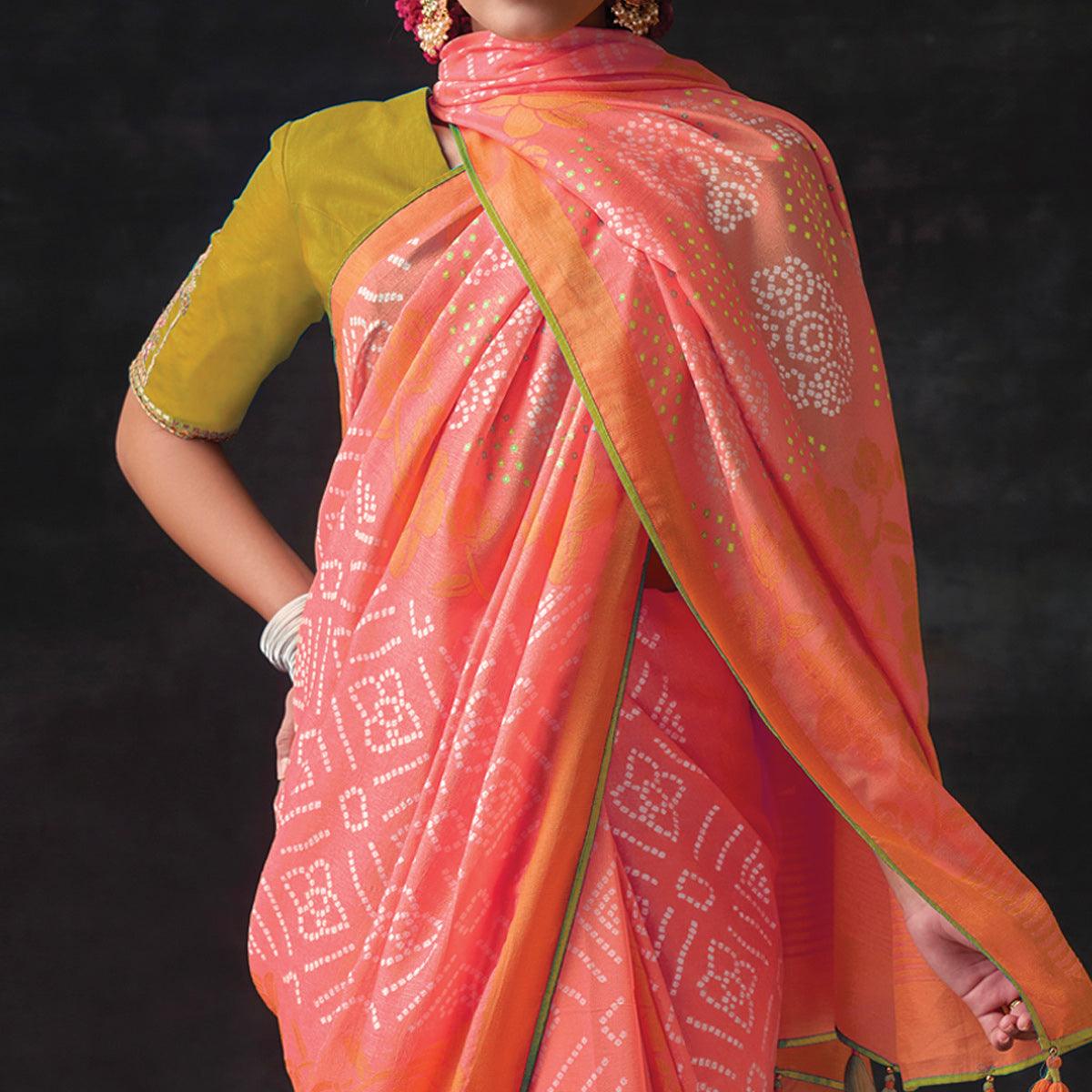 Pink Bandhani Printed Brasso Saree - Peachmode