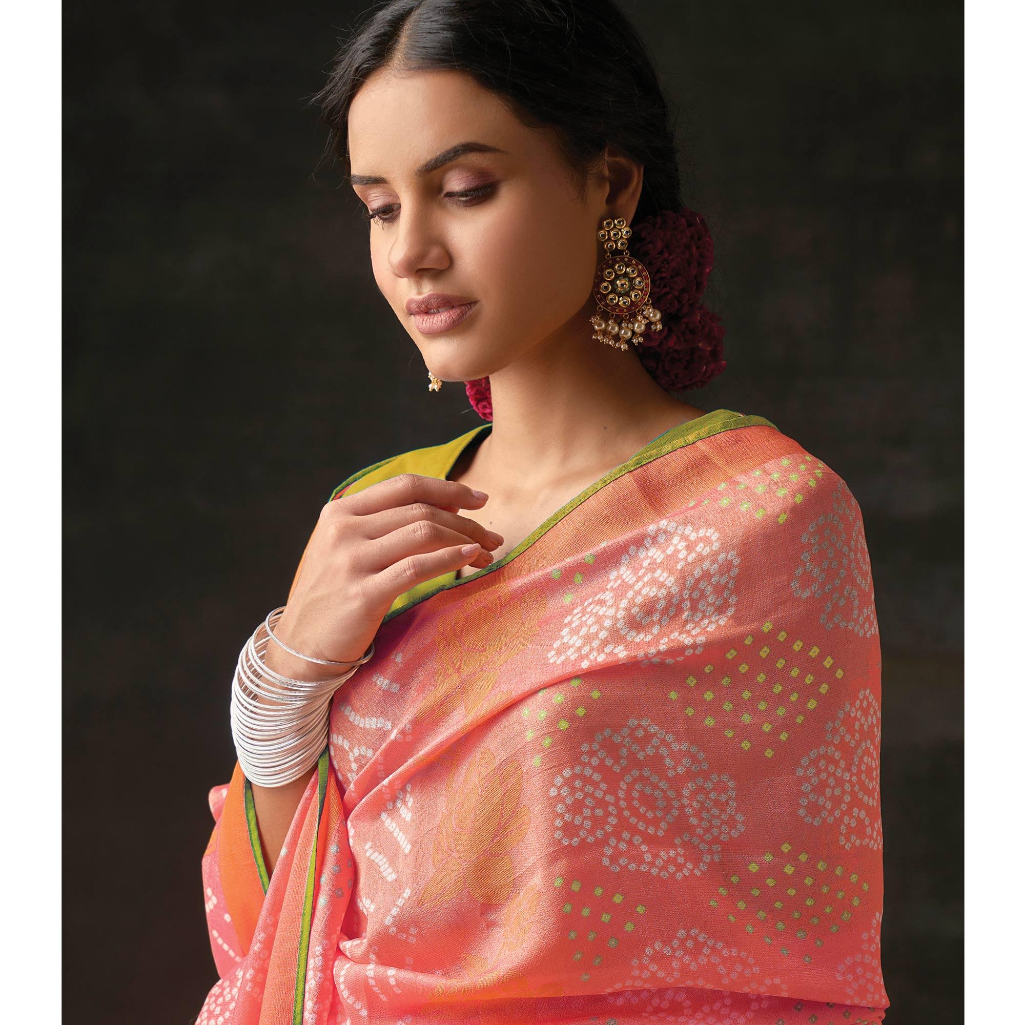 Pink Bandhani Printed Brasso Saree - Peachmode