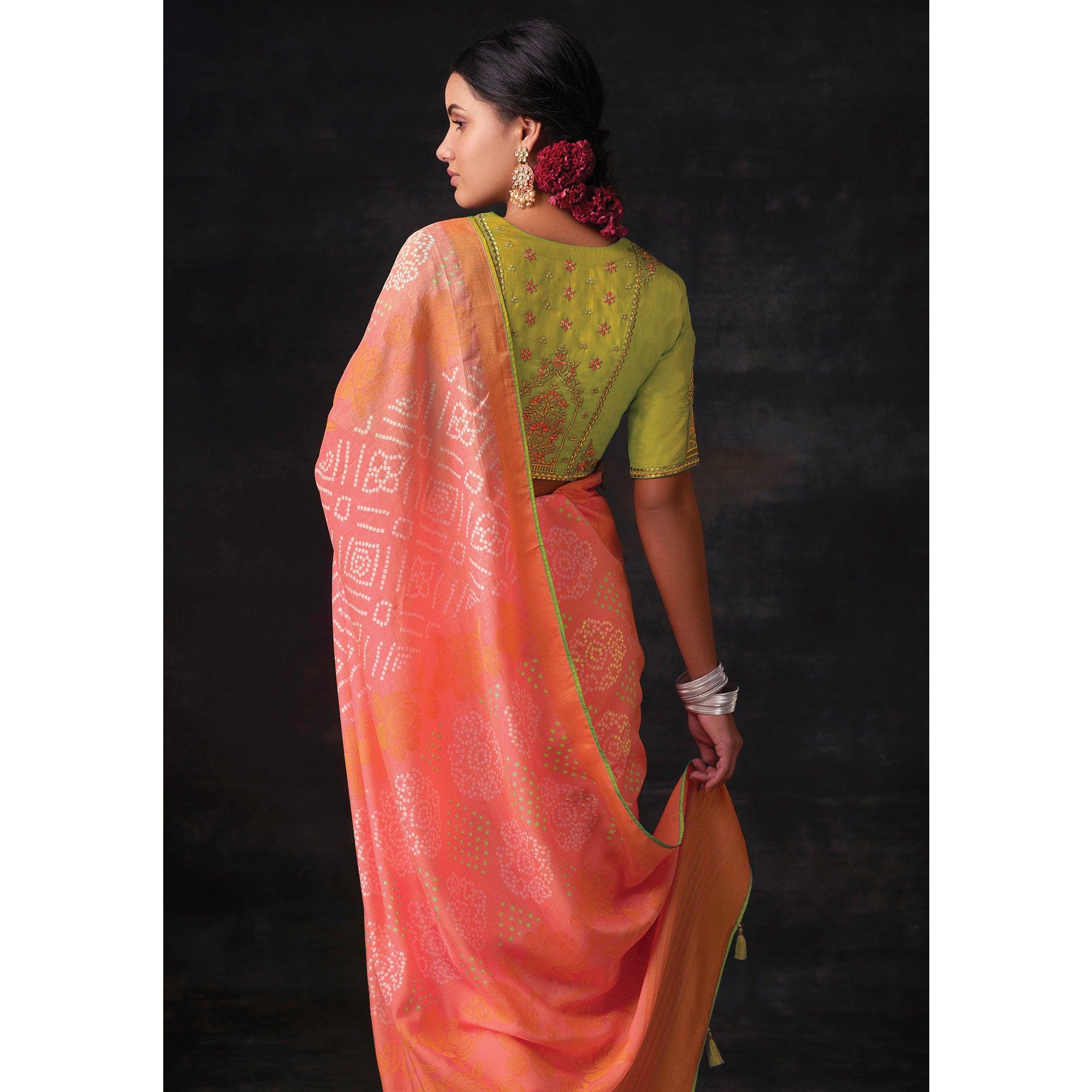 Pink Bandhani Printed Brasso Saree - Peachmode