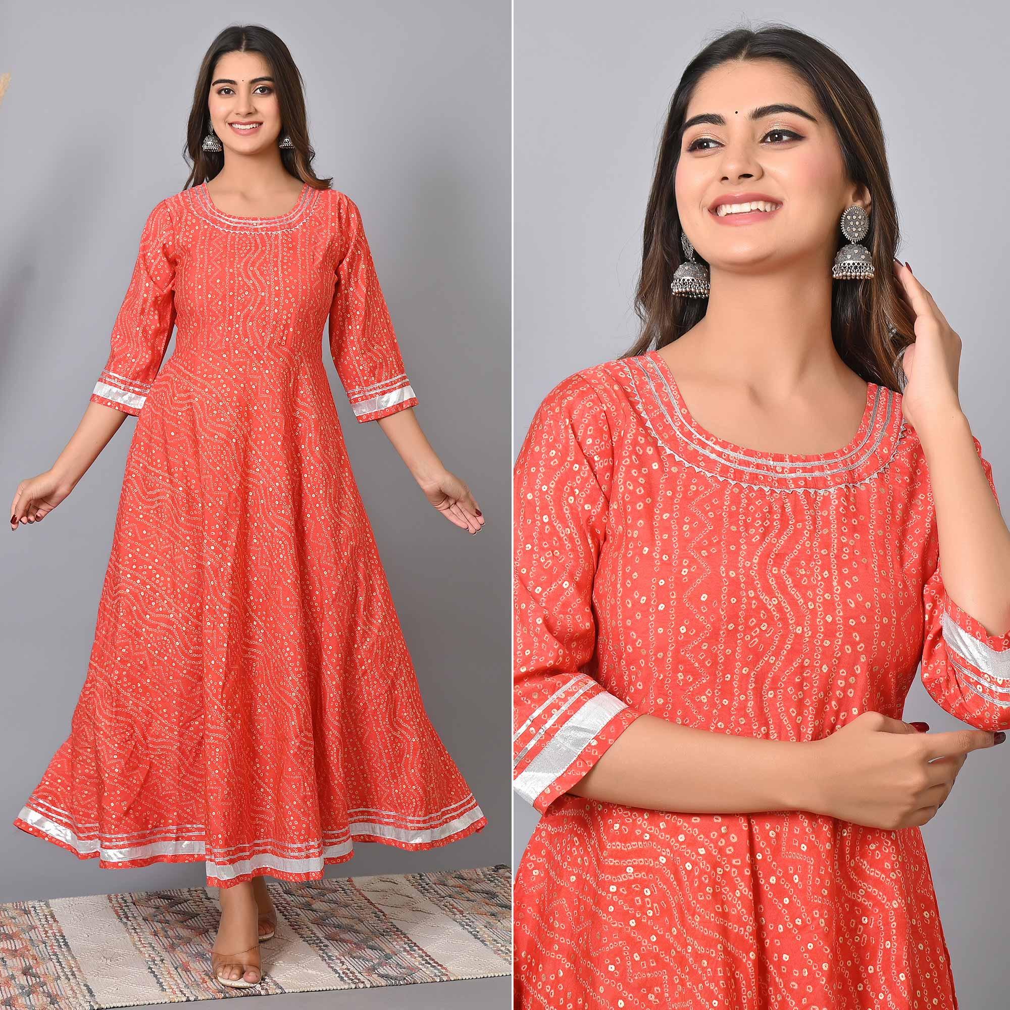 Pink Bandhani Printed Chanderi Long Kurti - Peachmode