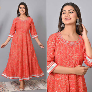 Pink Bandhani Printed Chanderi Long Kurti - Peachmode