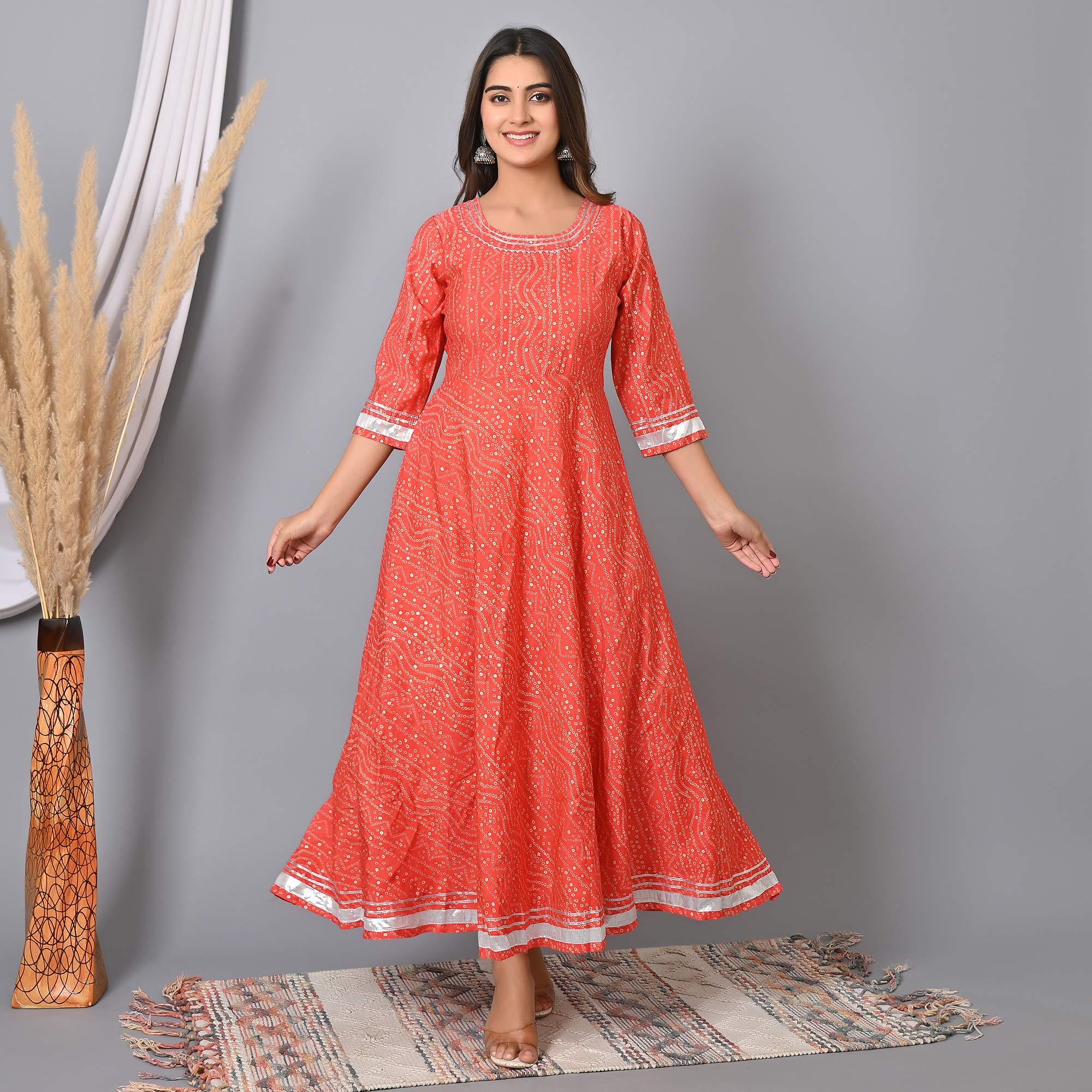 Pink Bandhani Printed Chanderi Long Kurti - Peachmode