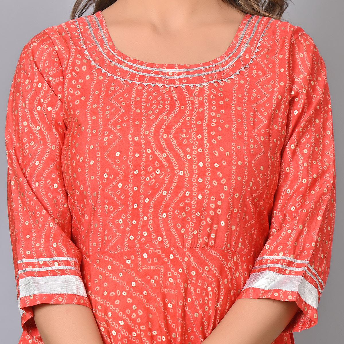 Pink Bandhani Printed Chanderi Long Kurti - Peachmode