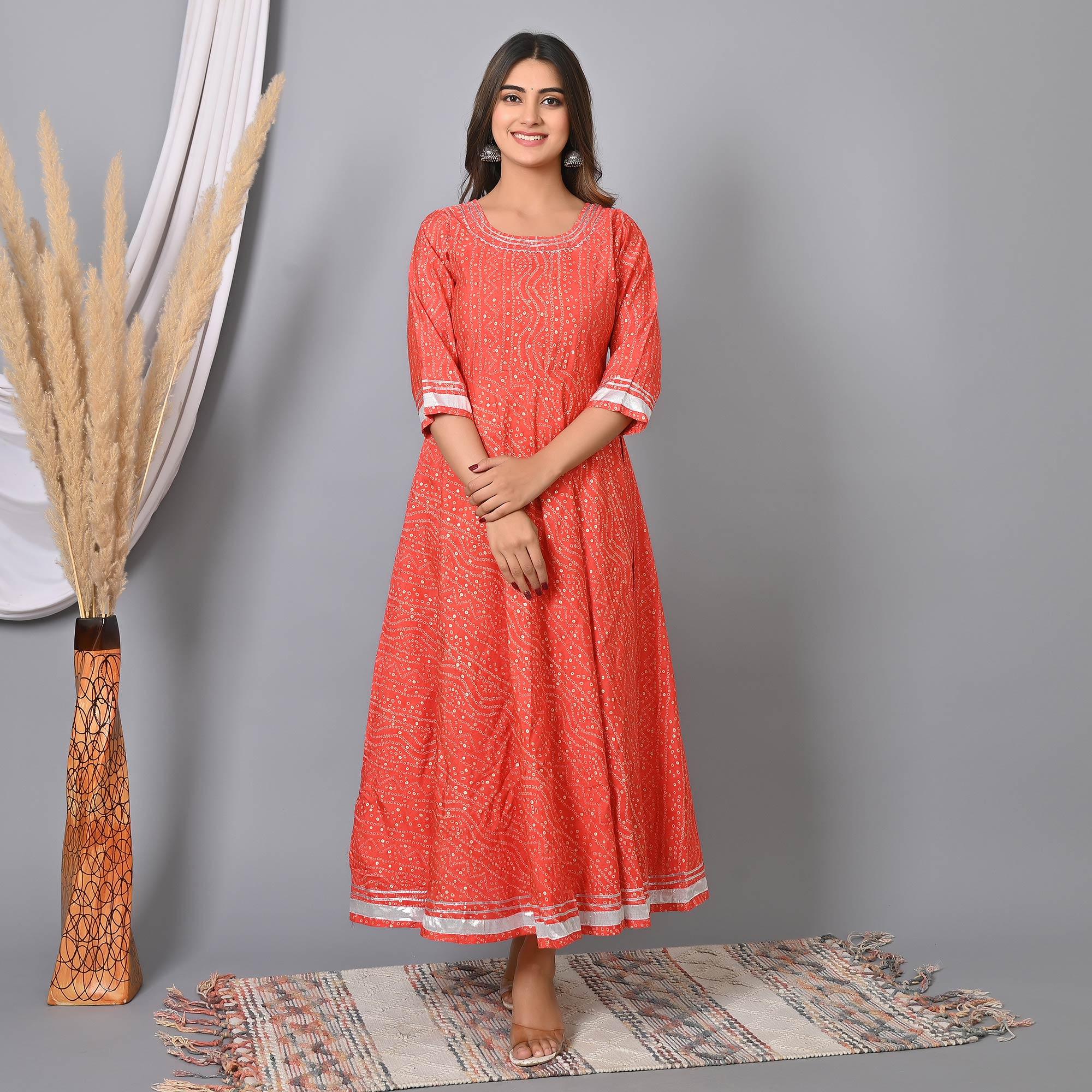 Pink Bandhani Printed Chanderi Long Kurti - Peachmode