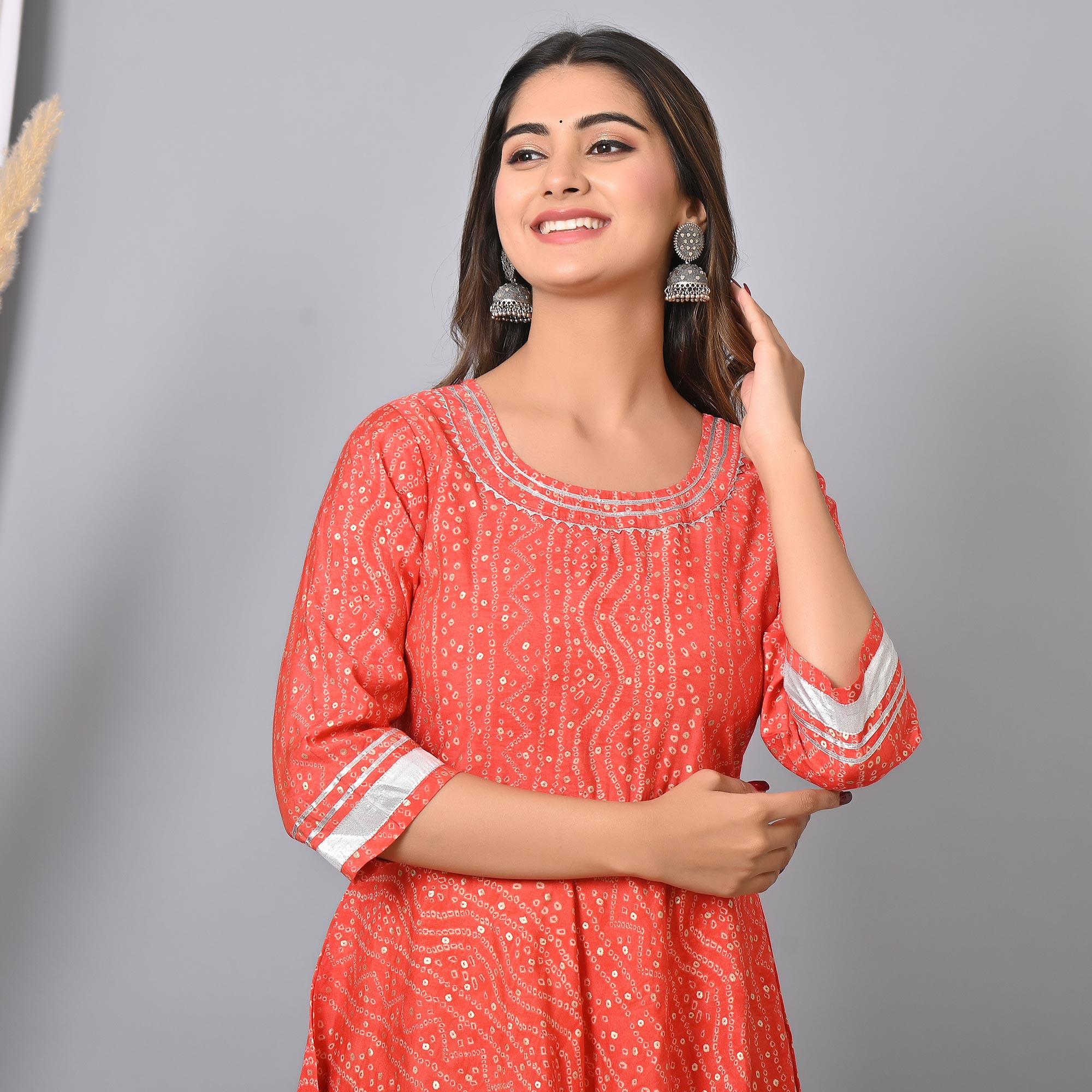 Pink Bandhani Printed Chanderi Long Kurti - Peachmode