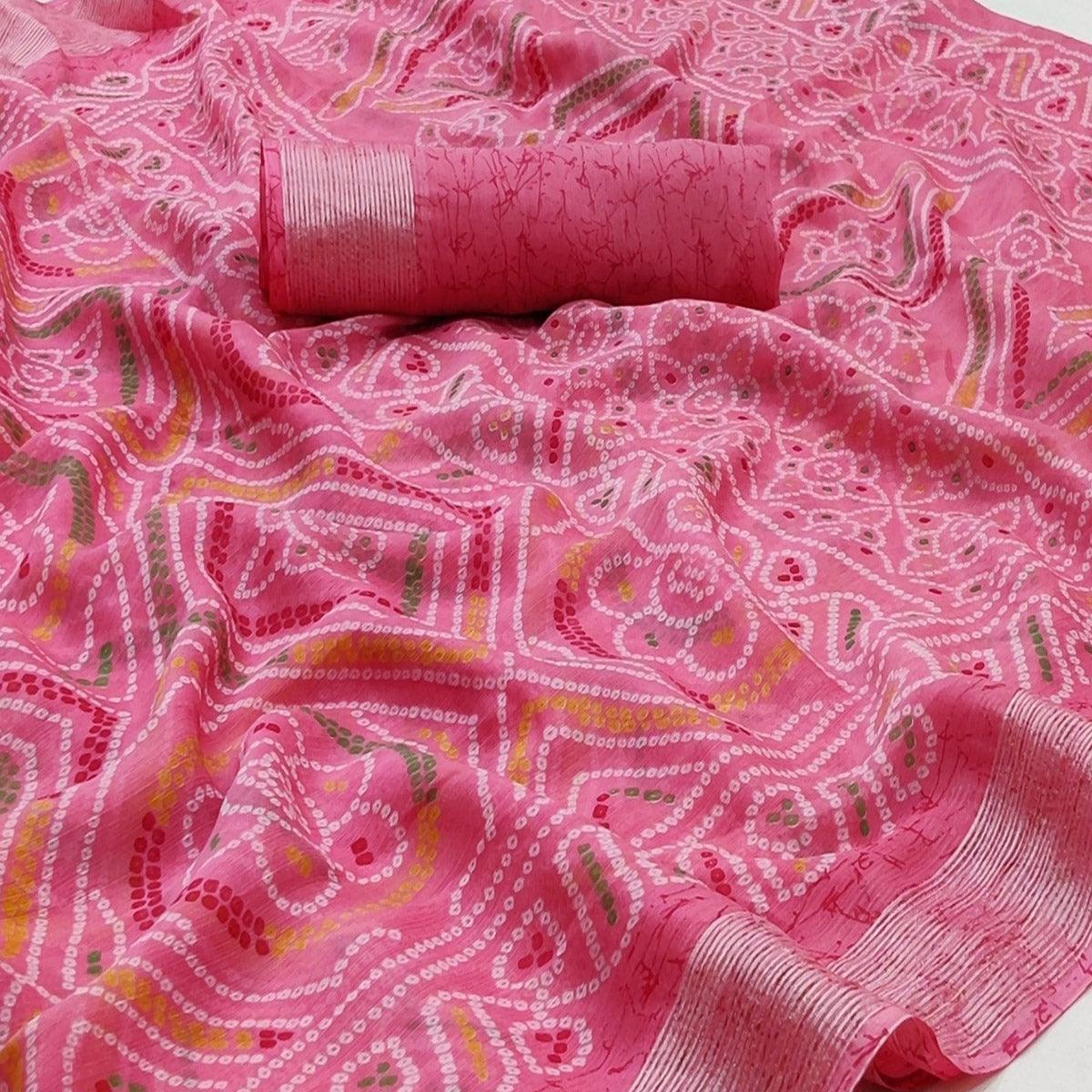Pink Bandhani Printed Chiffon Saree - Peachmode
