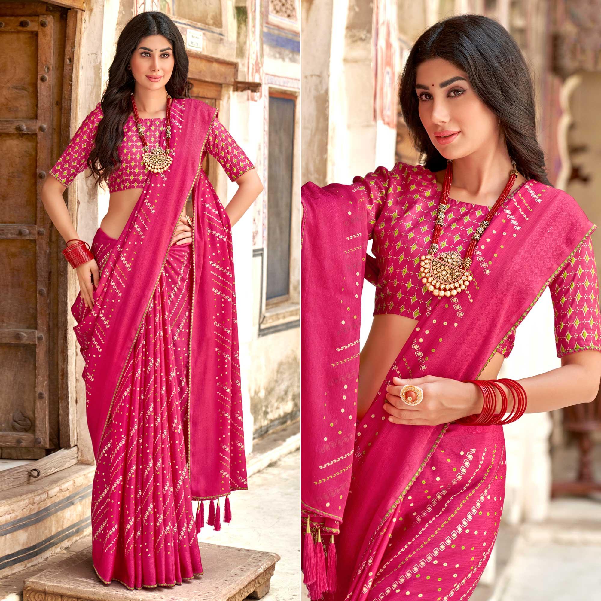 Pink Bandhani Printed Chiffon Saree With Tassels - Peachmode