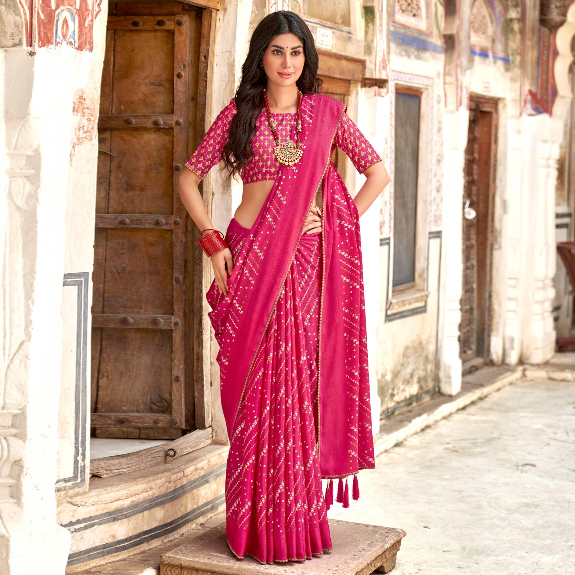 Pink Bandhani Printed Chiffon Saree With Tassels - Peachmode