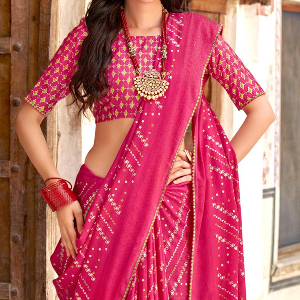 Pink Bandhani Printed Chiffon Saree With Tassels - Peachmode