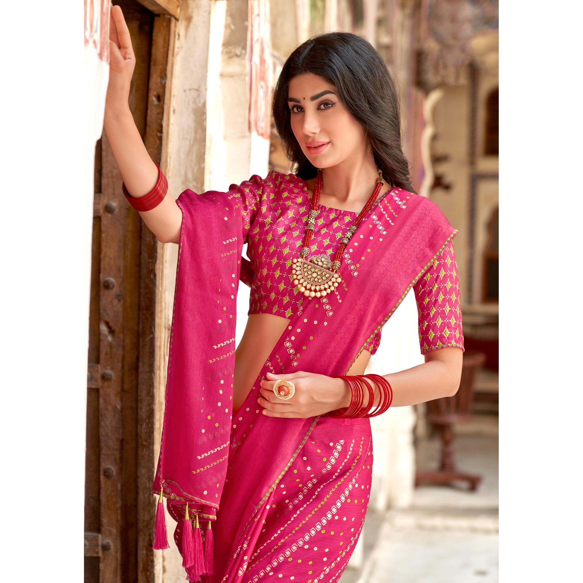 Pink Bandhani Printed Chiffon Saree With Tassels - Peachmode