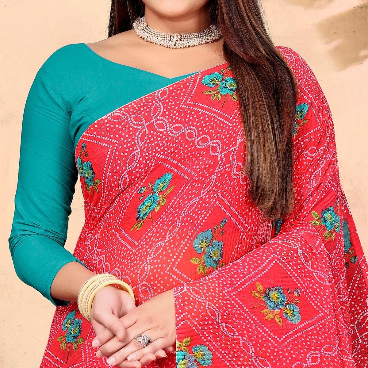 Pink Bandhani Printed Georgette Saree - Peachmode
