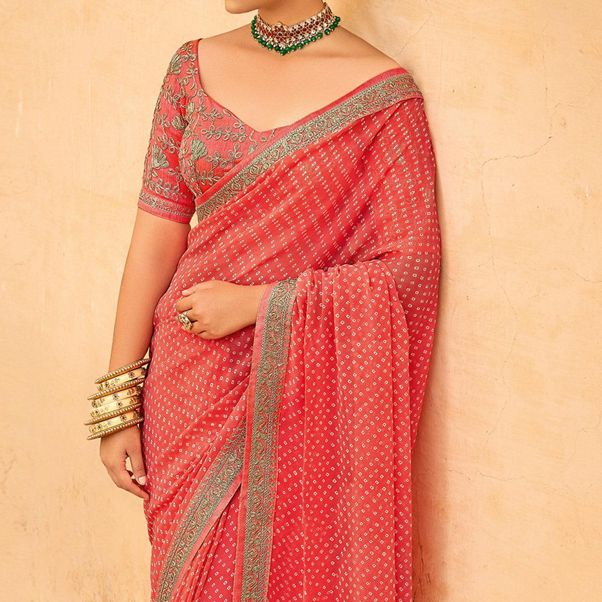 Pink Bandhani Printed Georgette Saree - Peachmode