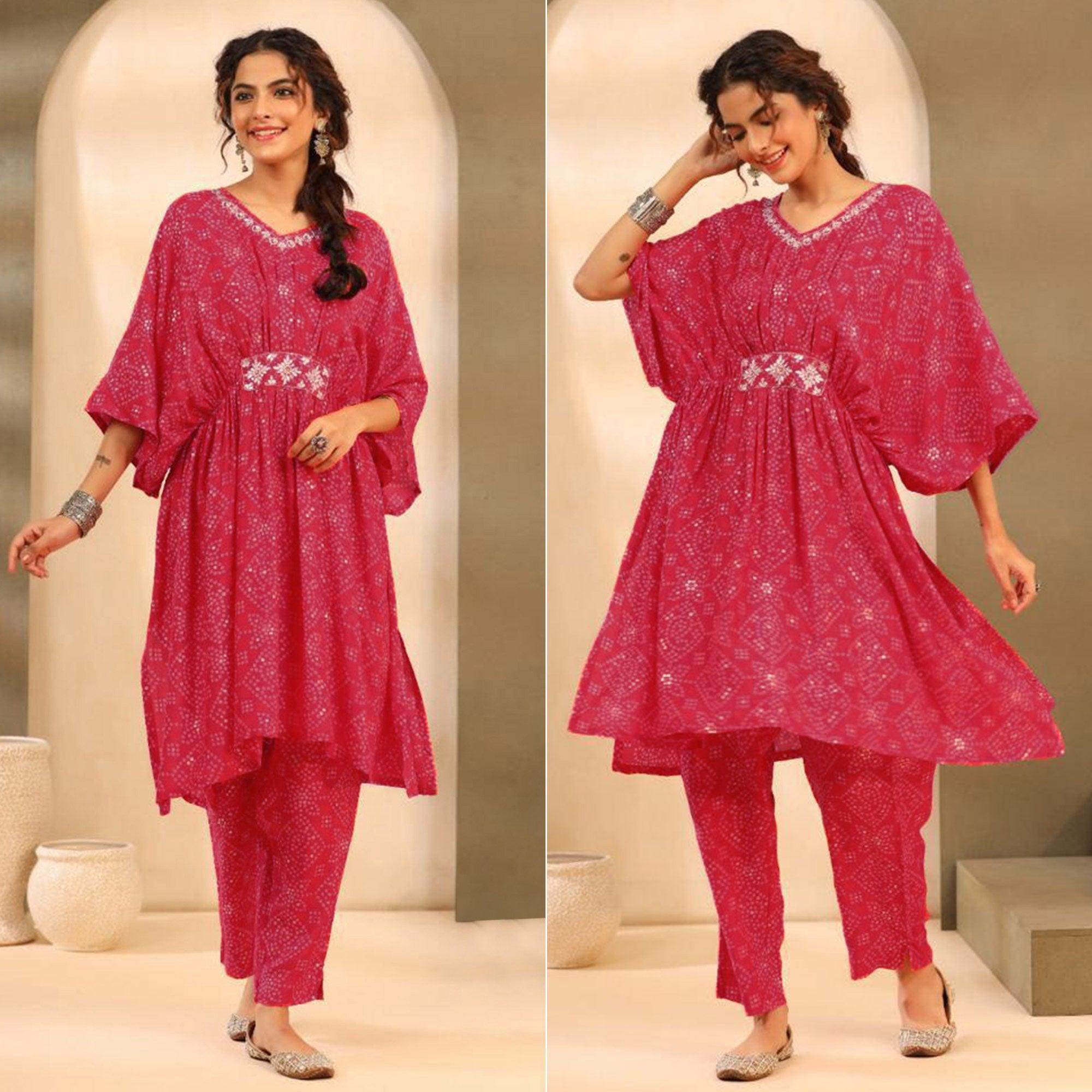 Pink Bandhani Printed Muslin Kaftan Set - Peachmode