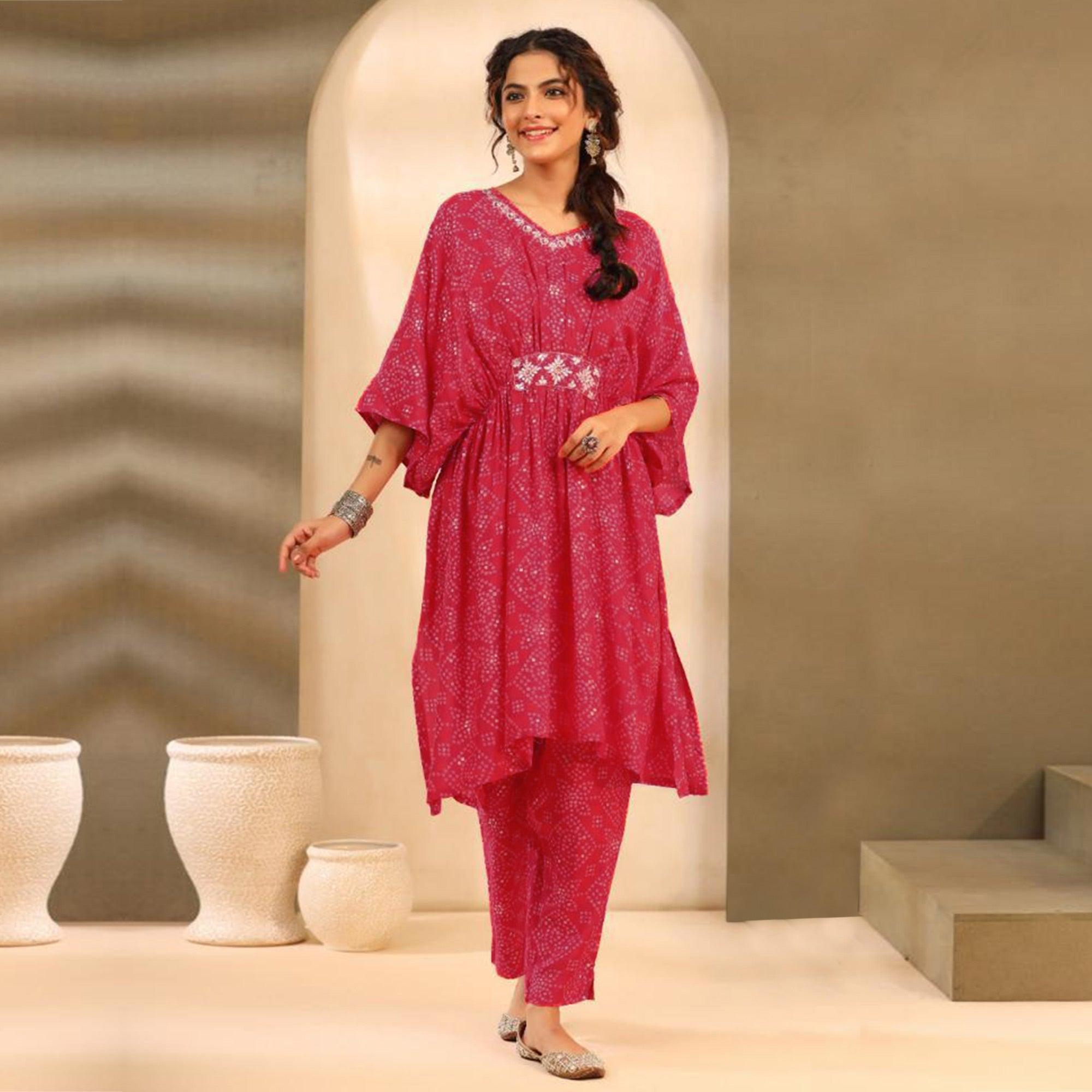 Pink Bandhani Printed Muslin Kaftan Set - Peachmode