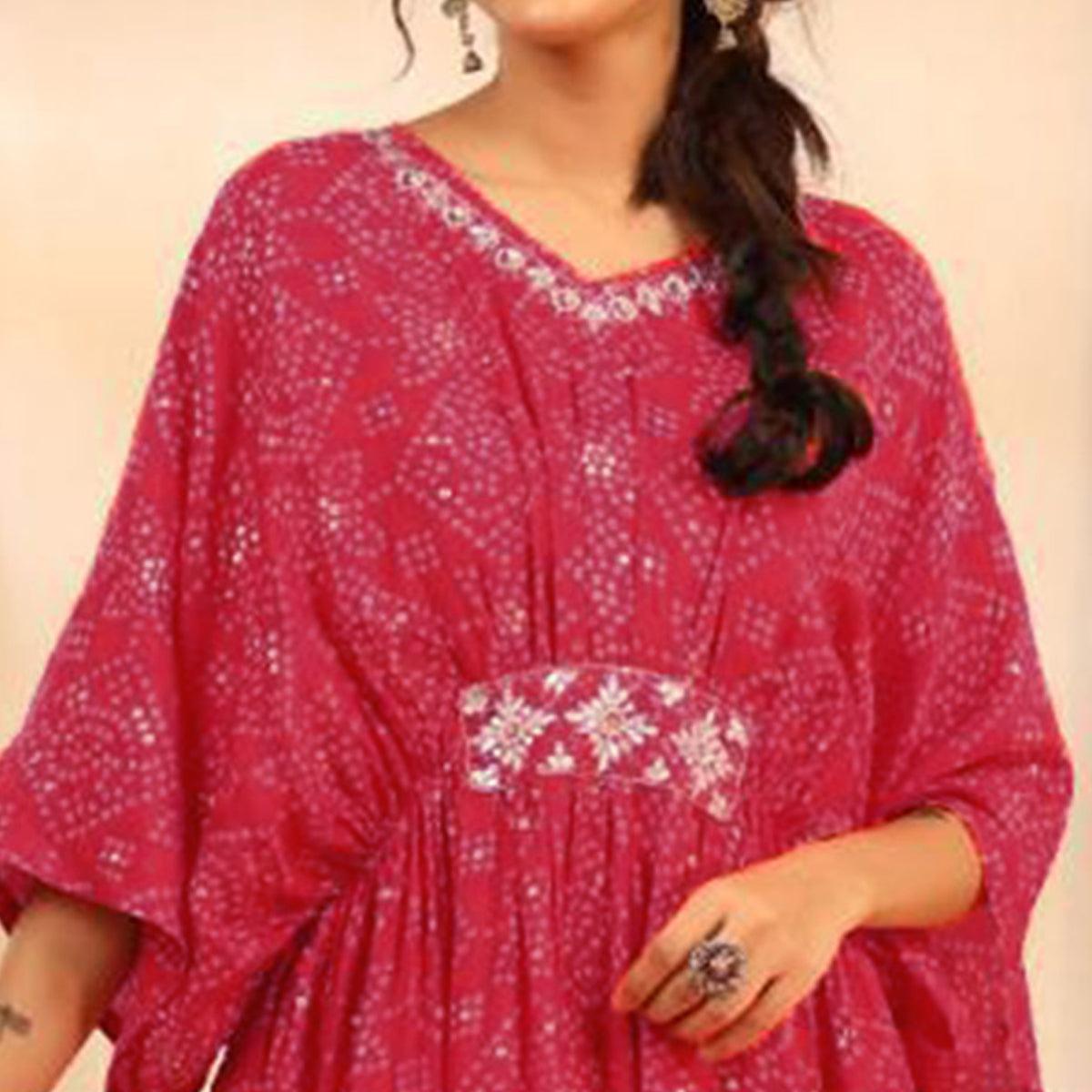 Pink Bandhani Printed Muslin Kaftan Set - Peachmode