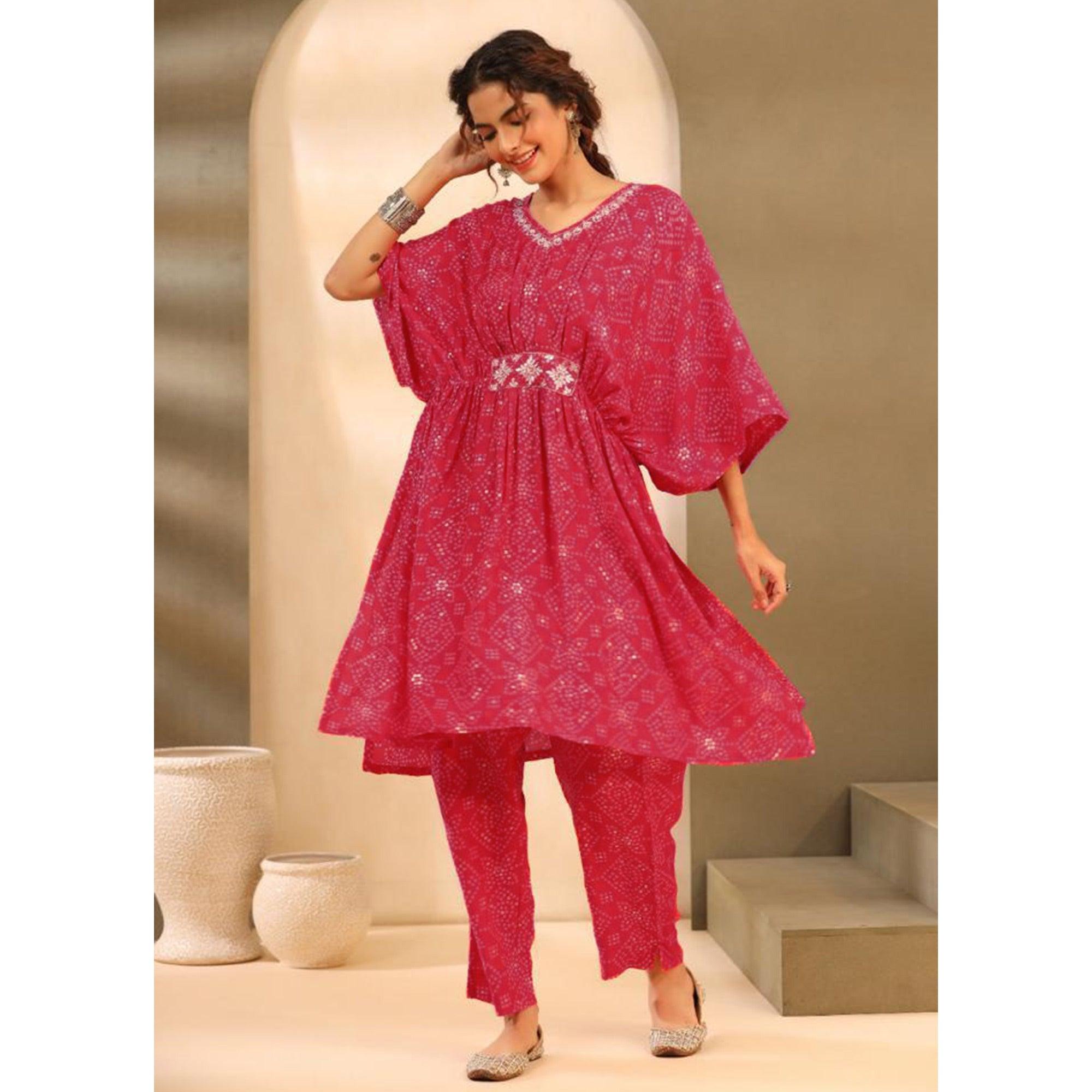 Pink Bandhani Printed Muslin Kaftan Set - Peachmode