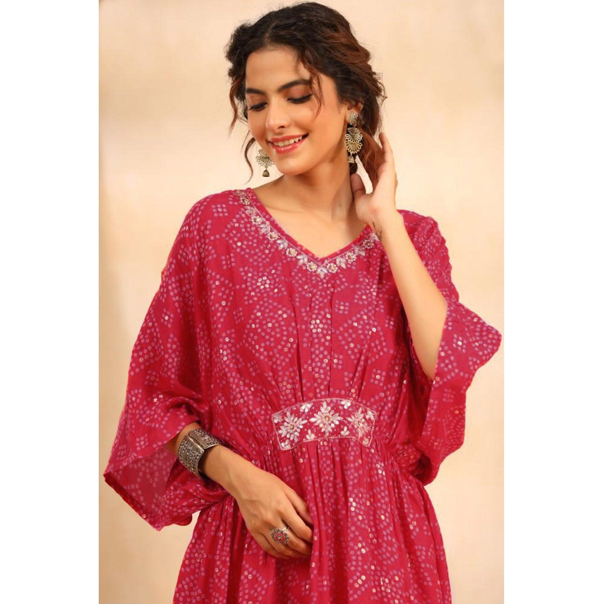 Pink Bandhani Printed Muslin Kaftan Set - Peachmode