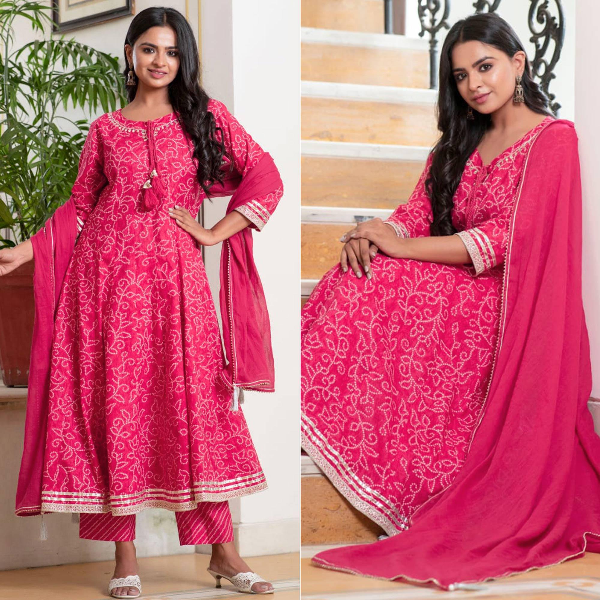 Pink Bandhani Printed Pure Cotton Anarkali Suit - Peachmode