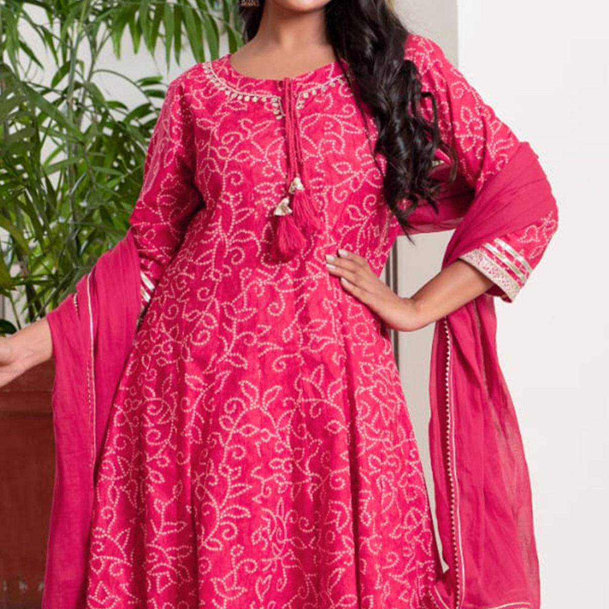 Pink Bandhani Printed Pure Cotton Anarkali Suit - Peachmode