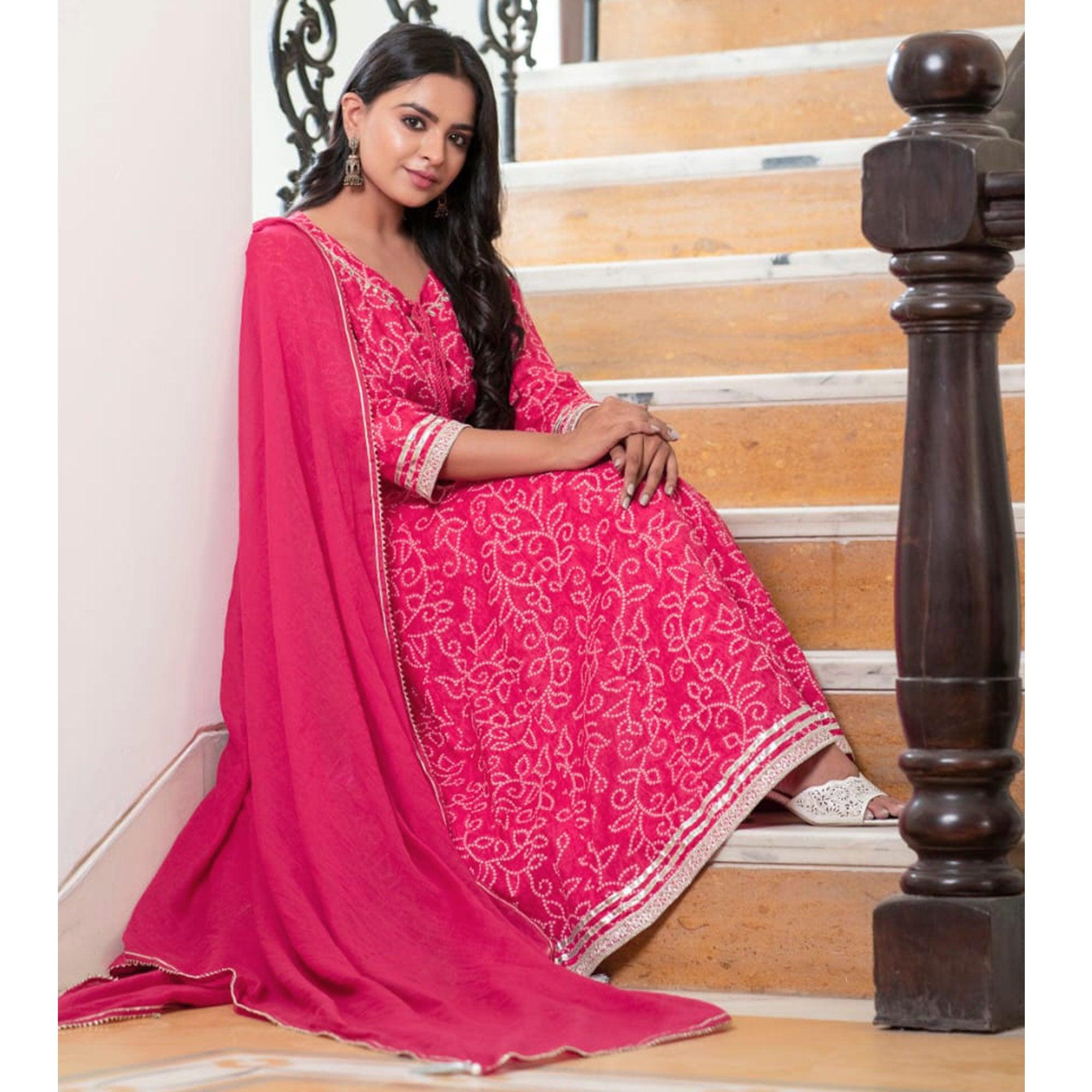 Pink Bandhani Printed Pure Cotton Anarkali Suit - Peachmode